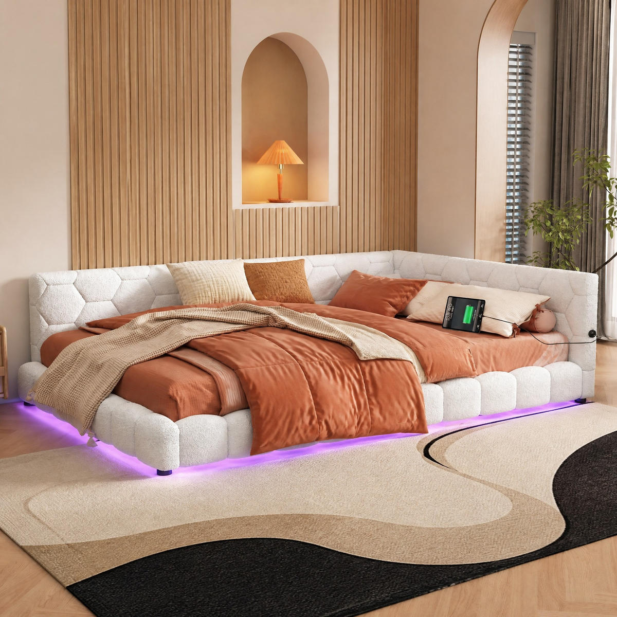 POLSTERBETT 140/200 mit 16-farbiger LED-Beleuchtung, USB und Type-C aus Vliesimitat in Weiß - Weiß, Holzwerkstoff/Textil (140/200cm) - EVRYAE