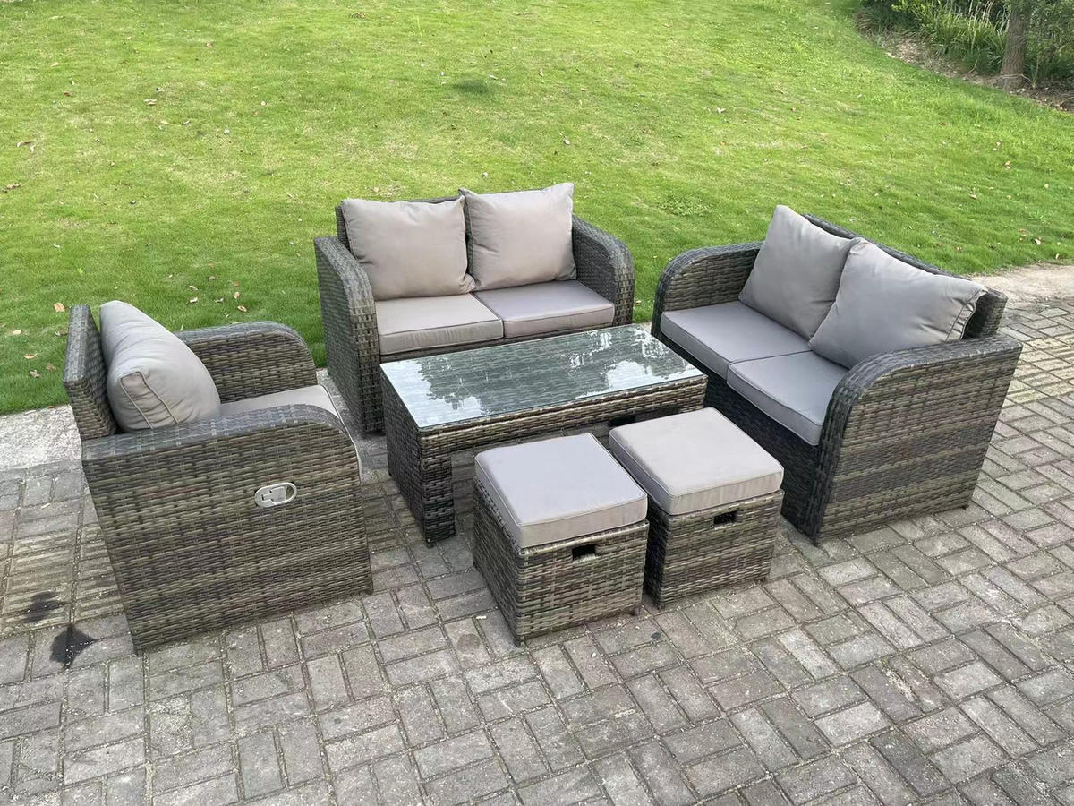 GARTENMÖBELSET mit 2 kleinen Hockern Polyrattan 7-Sitzer - Dunkelgrau/Grau, Glas/Kunststoff - Fimous
