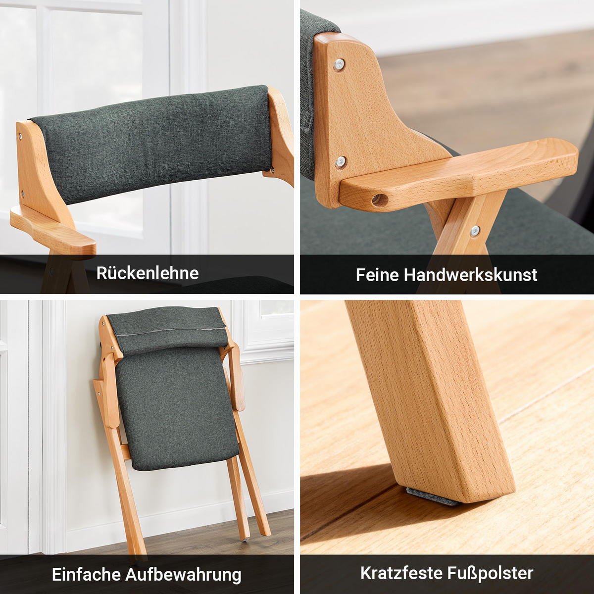 KLAPPSTUHL aus massivem Buchenholz mit Polsterung, Dunkelgrau - Dunkelgrau, Holz (61.5/77.6/56cm) - SoBuy