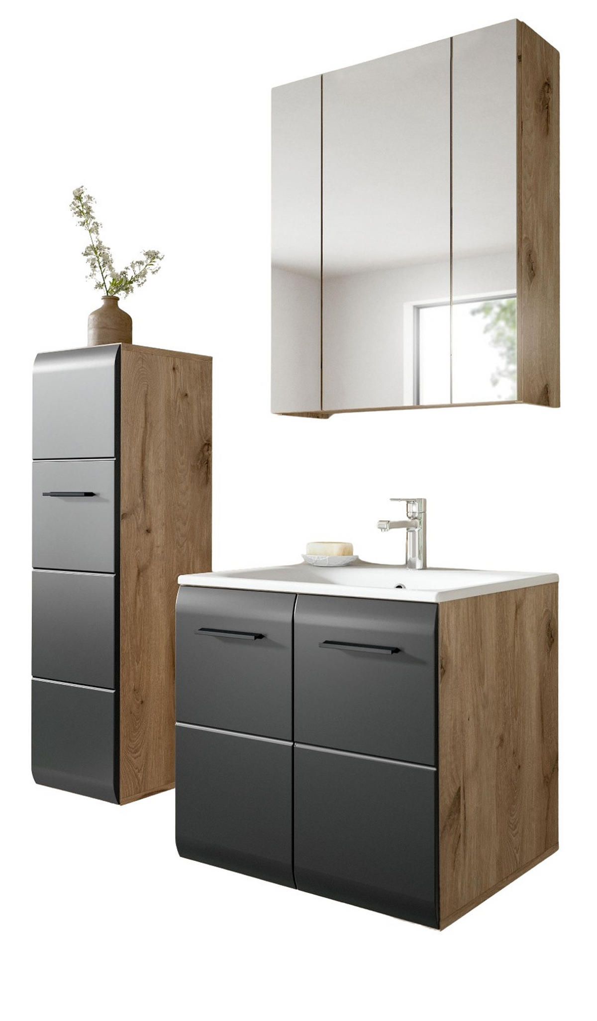 BADMÖBEL-SET 3-teilig Schwarz matt und Eiche, Badezimmer Komplett-Set mit Waschbecken, 105 x 185 cm - Eichefarben/Schwarz, Glas/Keramik (105/185/46cm) - Inn.Furn