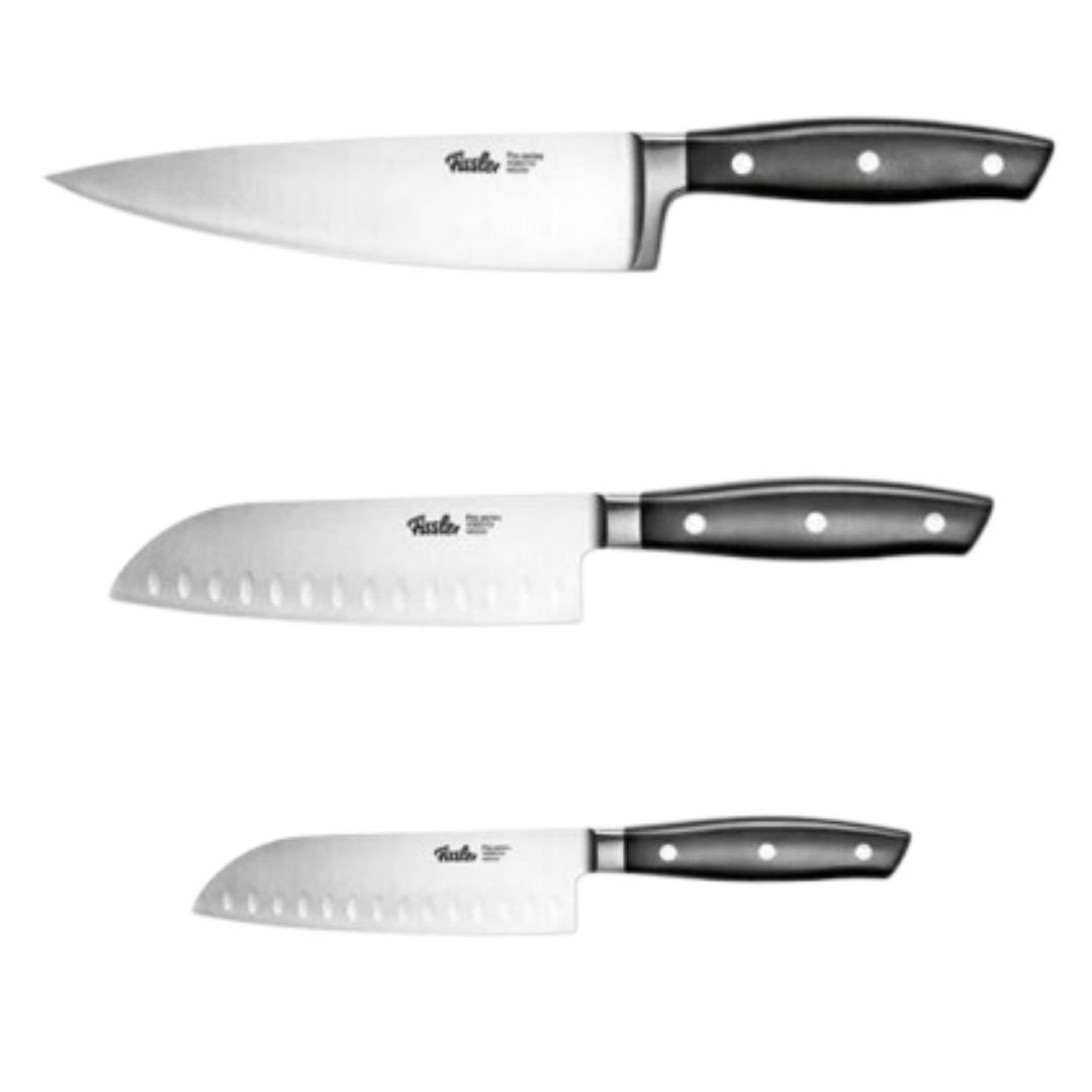 KÜCHENMESSER SET 3-tlg Schwarz, Santokumesser 130 mm, 165 mm, Kochmesser 190 mm, Edelstahl, Schneidemesser, Küchenzubehör, Profi Messer, Klingenstahl - Silberfarben/Schwarz, Kunststoff/Metall - Fissler