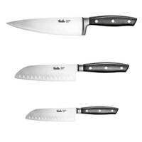 KÜCHENMESSER SET 3-tlg Schwarz, Santokumesser 130 mm, 165 mm, Kochmesser 190 mm, Edelstahl, Schneidemesser, Küchenzubehör, Profi Messer, Klingenstahl - Silberfarben/Schwarz, Kunststoff/Metall - Fissler