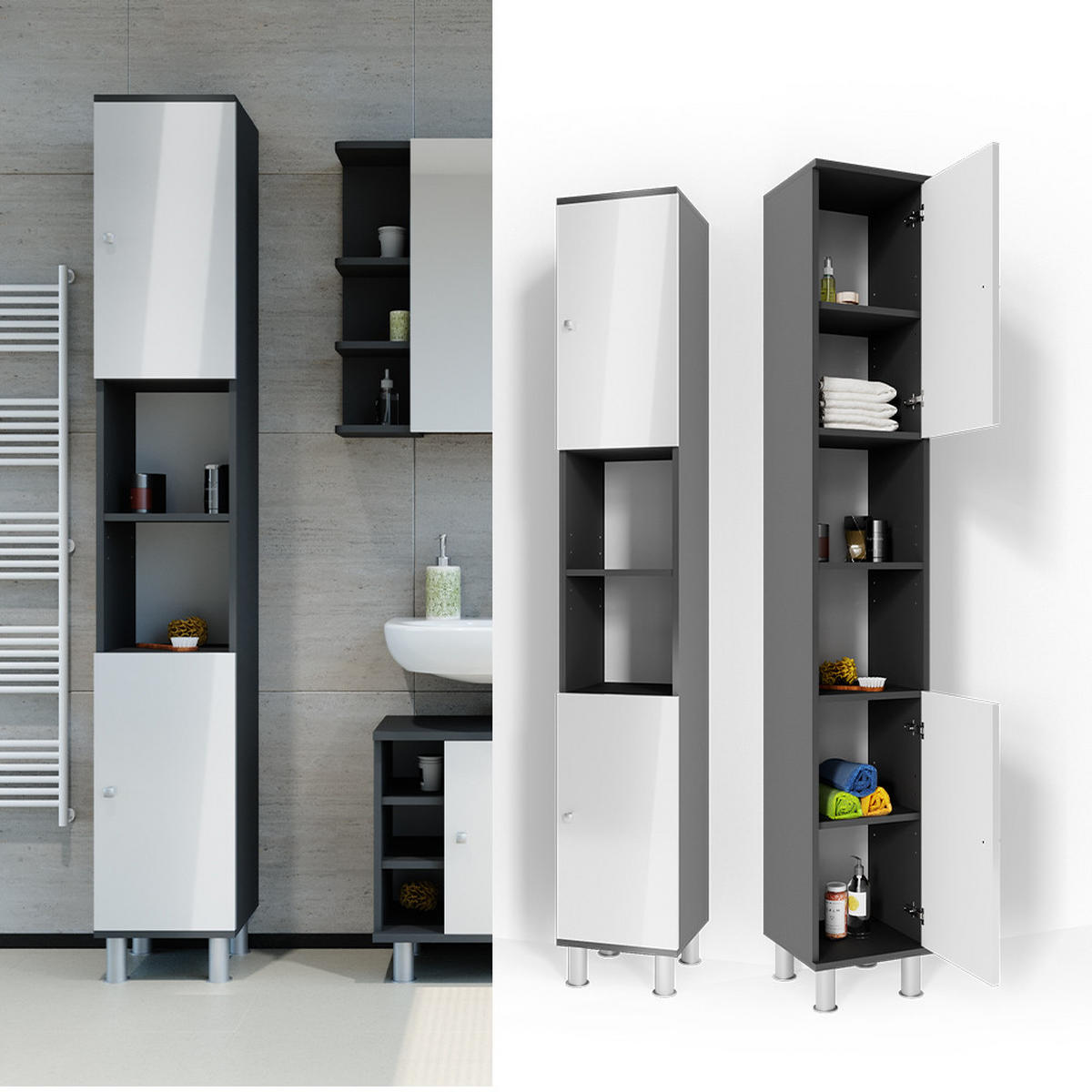 BADSCHRANK Fynn Anthrazit 30 x 190 cm - Anthrazit/Weiß, Holzwerkstoff (30/190/30cm) - Vicco