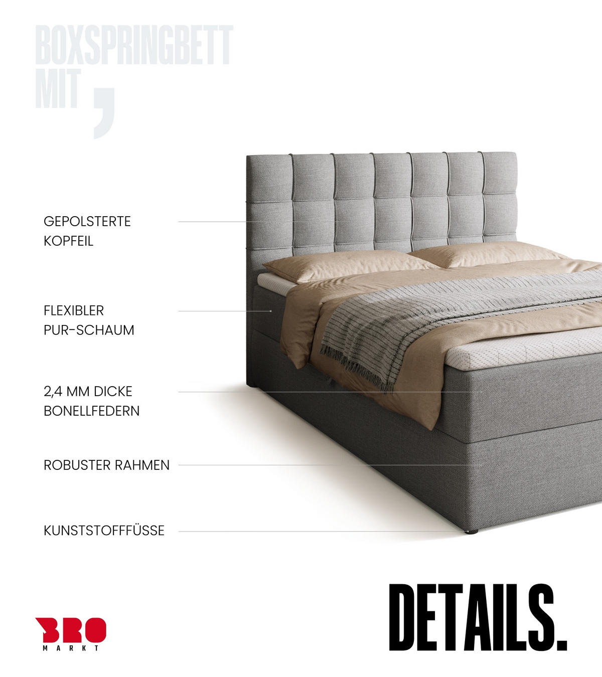BOXBETT Detroit mit Topper 140/200 Hellgrau - Hellgrau, Holzwerkstoff/Textil (140/200cm) - Bromarkt