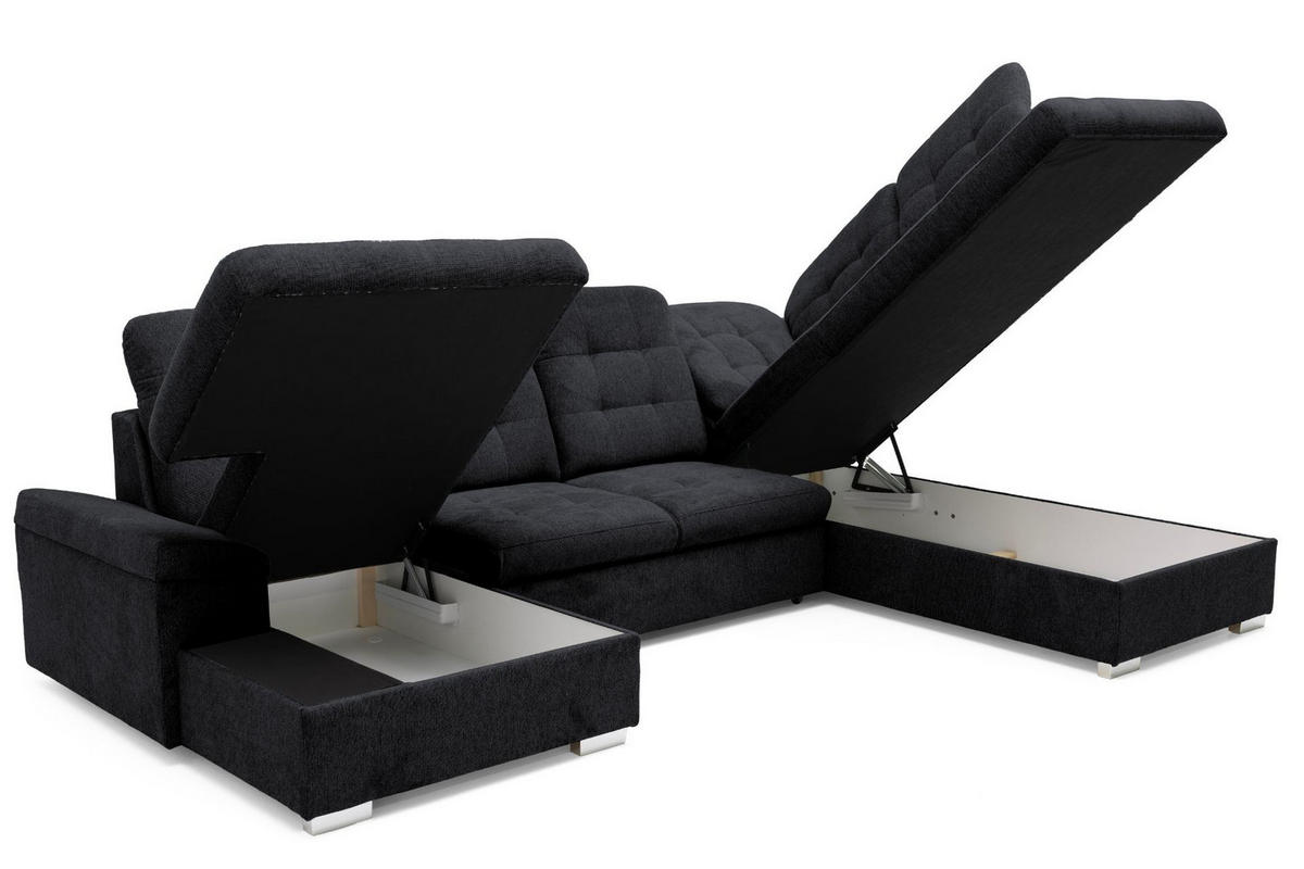ECKSOFA U-Form OLIVIA U Rechts mit Schlaffunktion 124x257 Velours Schwarz - Silberfarben/Schwarz, Holz/Kunststoff (202/103/320cm) - Muffo