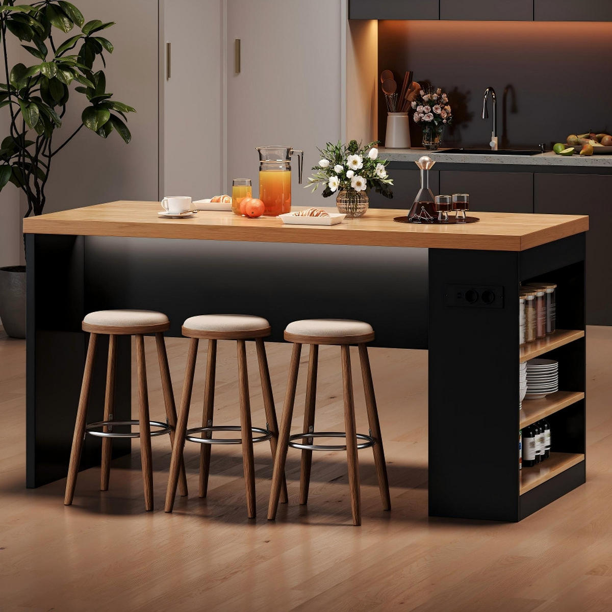 KÜCHENINSEL mit Steckdose, LED Beleuchtung, 40mm Arbeitsplatte, 3 Ablagen, MDF, 155/80/90 cm - Schwarz, Kunststoff (80/90/155cm) - Rolipo