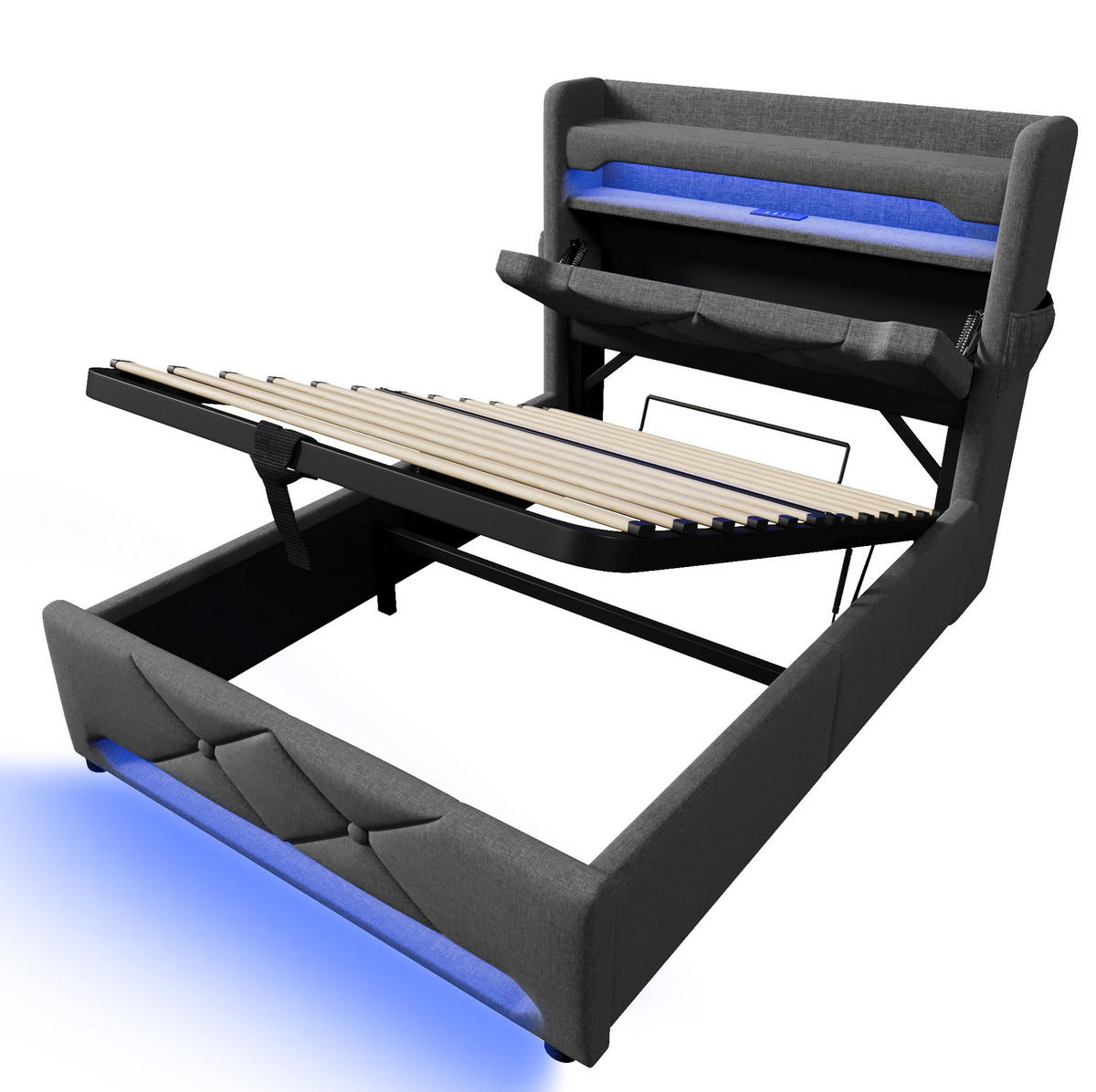 POLSTERBETT mit LED, USB und Stauraum 90x200 cm Grau inkl. Matratze - Grau, Metall (90/200cm) - Meubliv