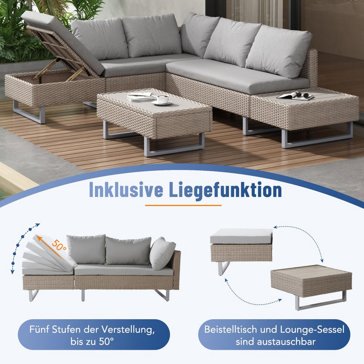 LOUNGEGARNITUR für 4-5 Personen mit Ecksofa，Farbe Khaki - Cappuccino, Textil - KOMHTOM