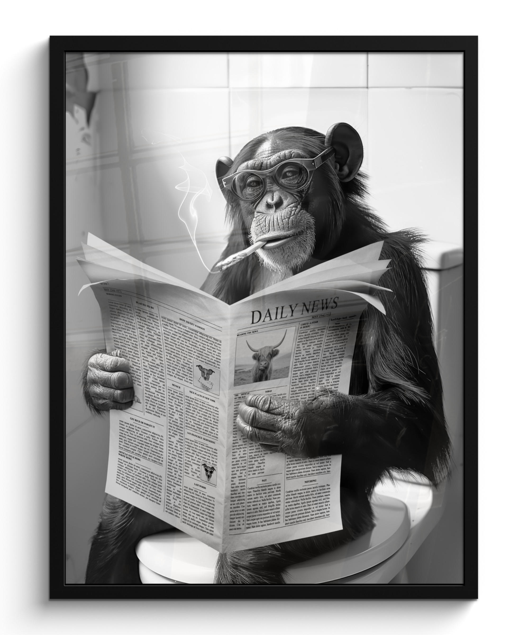 GERAHMTES BILD Affe - WC - Zeitung - Schwarz-Weiß - Humor 60x80 cm - Hellgrau, Papier (60/80cm) - MuchoWow