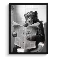 GERAHMTES BILD Affe - WC - Zeitung - Schwarz-Weiß - Humor 60x80 cm - Hellgrau, Papier (60/80cm) - MuchoWow