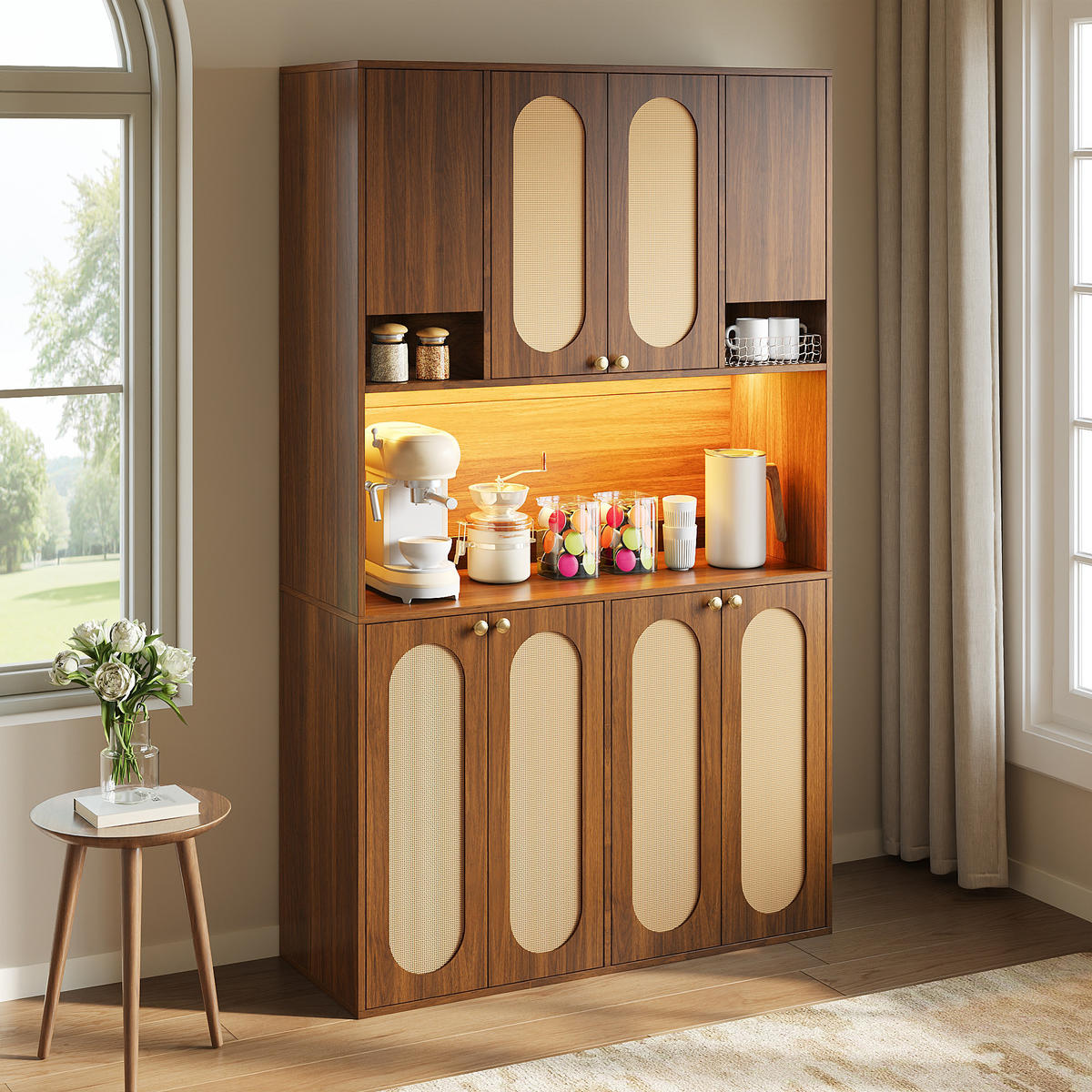 BUFFET Hoch mit PE-Rattan, LED-Beleuchtung und großem Stauraum - Nussbaumfarben, Holzwerkstoff (40/178/106cm) - Korfee