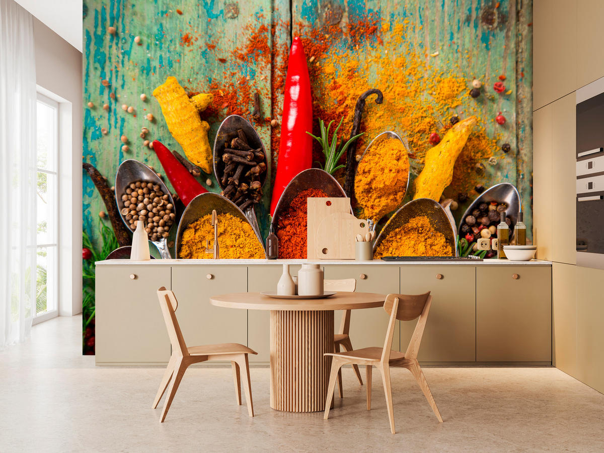 FOTOTAPETE für Küche Gewürze Holz Rustikal Paprika Ingwer 150x105 - Türkis/Blau, Papier (150/105cm) - Muralo