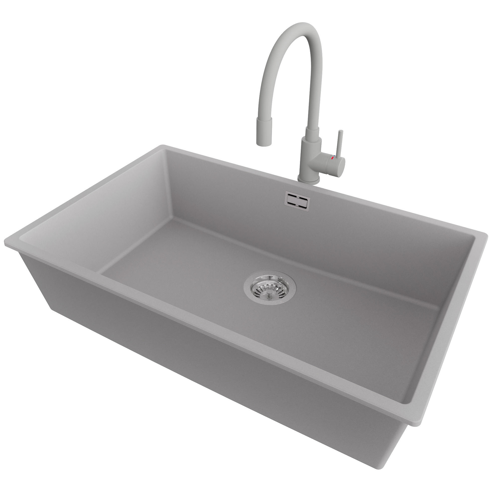 UNTERBAUSPÜLE GRANIT London, 3-er set Grau 76/47 cm, 1 Becken + Küchenarmatur 38/14 cm + Ablauf-Set ab 80er Unterschrank - Chromfarben/Grau, Kunststoff (76/20/47cm) - Primagran