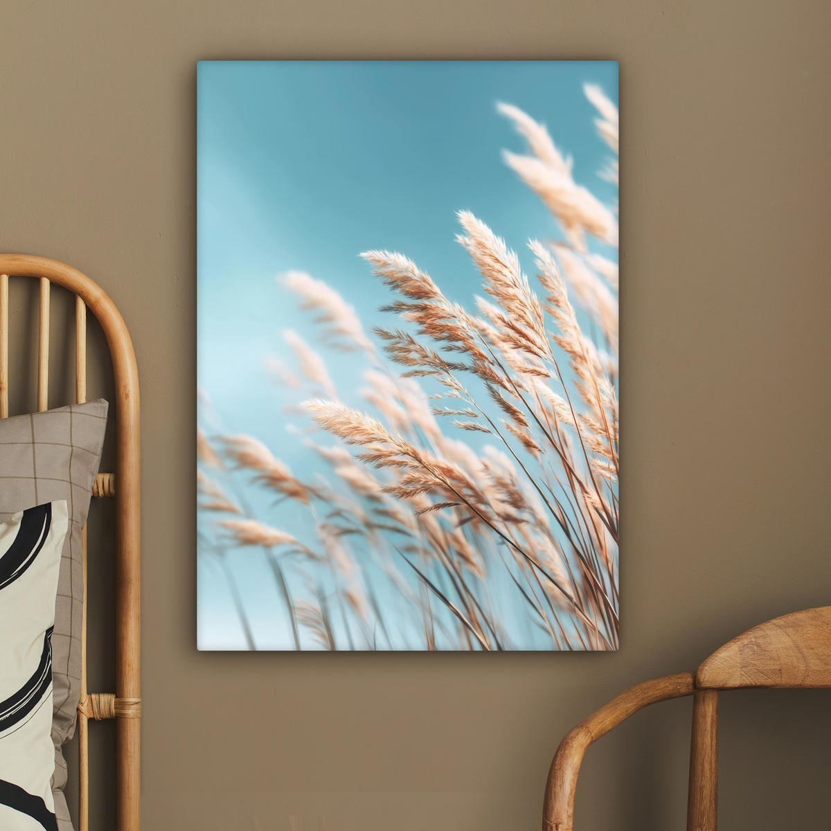 LEINWANDBILD Ziergras - Wind - Hellbraun Wandbild Wohnzimmer 60x80 cm - Hellblau, Textil (60/80cm) - MuchoWow