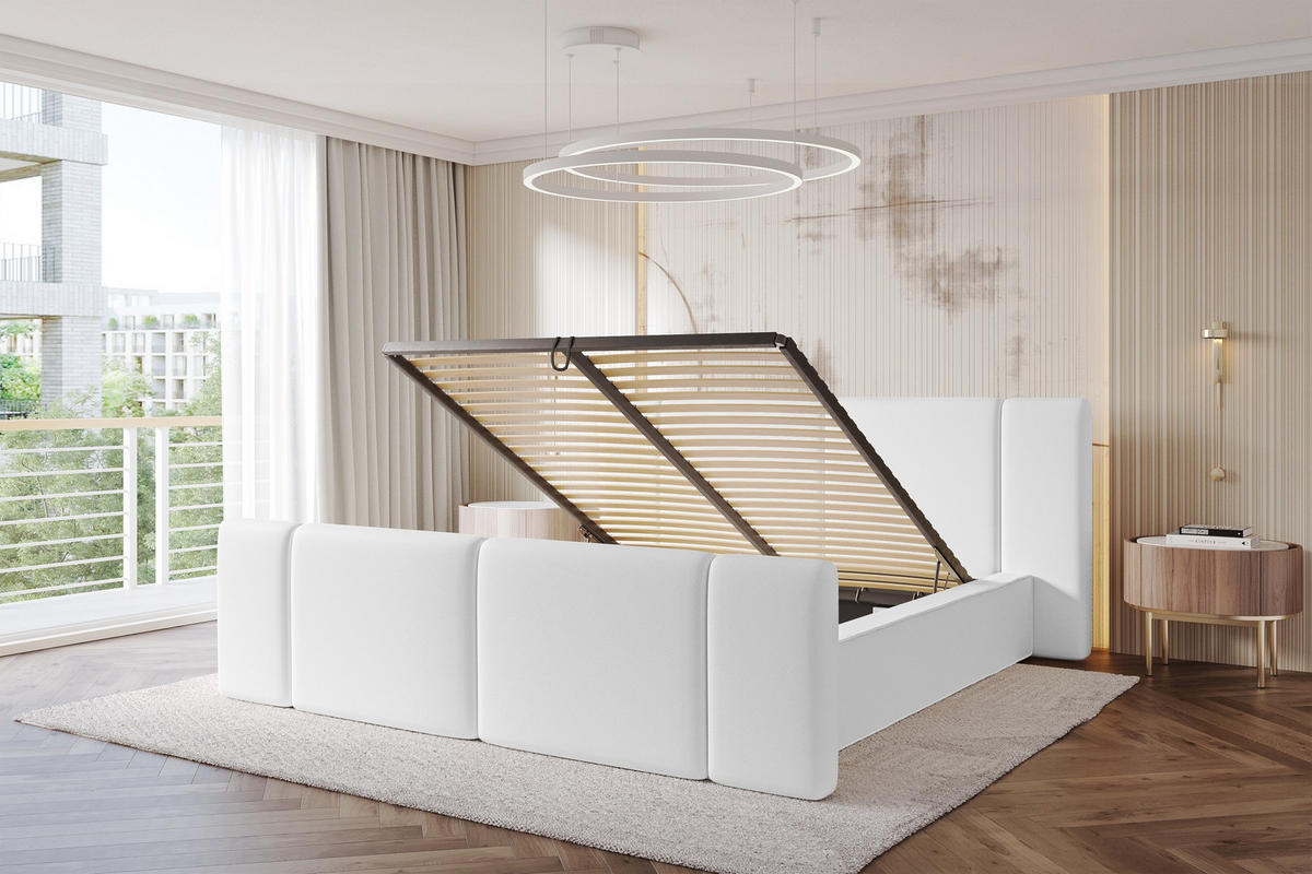 POLSTERBETT mit Bettkasten, Fußteil und Lattenrost, Boxbett ohne Matratze - RIVO-Z 160x200 Weiß - Weiß Hochglanz, Holzwerkstoff/Textil (160/200cm) - ALTDECOR