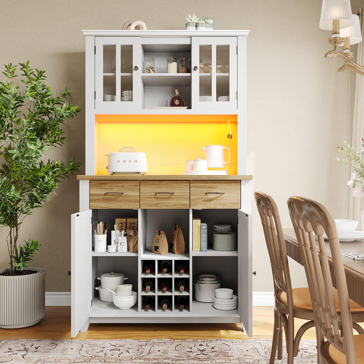 KÜCHENBUFFET 106/40/179,5 cm weiß aus MDF mit LED-Beleuchtung - Weiß, Holzwerkstoff (106/179.5/40cm) - OKWISH