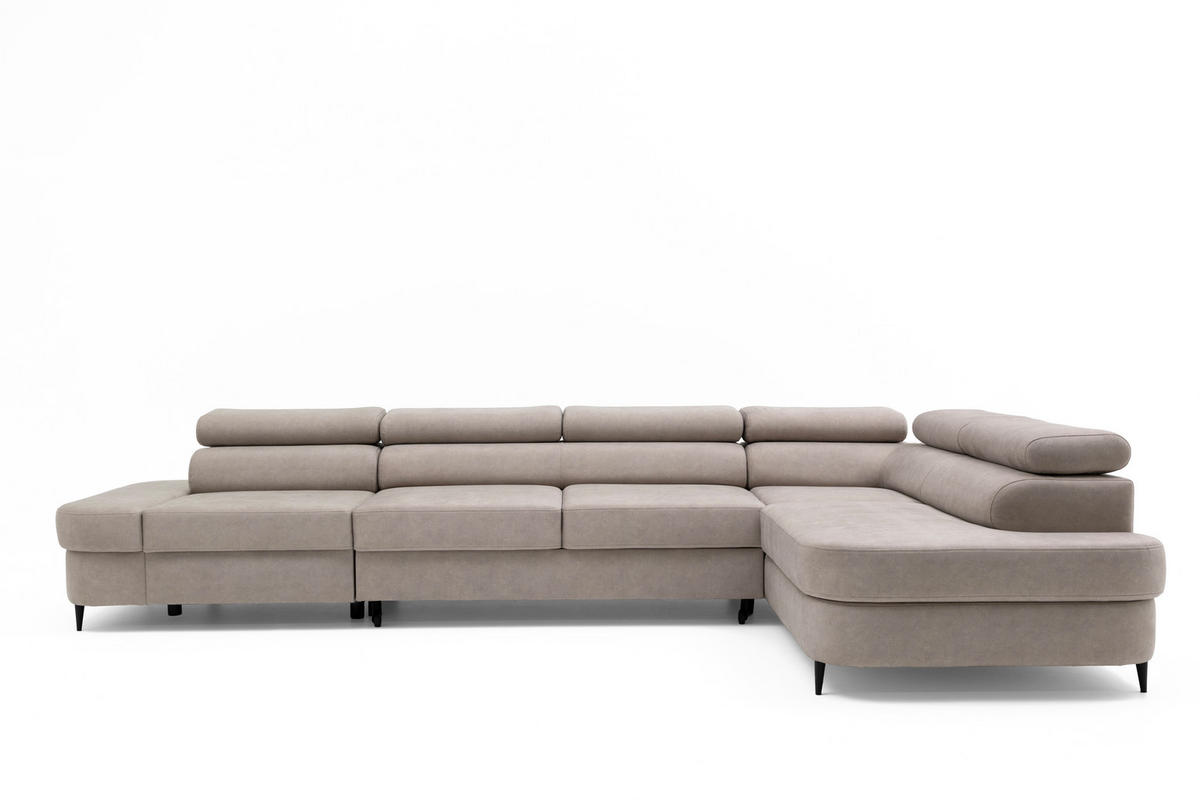 ECKSOFA PRIAM MAXI L-Form mit Schlaffunktion & Bettkasten, 6-Sitzer, 350cm, Verstellbare Kopfstützen Ottomane rechts - Beige, Holz/Textil (350/203cm) - Muffo