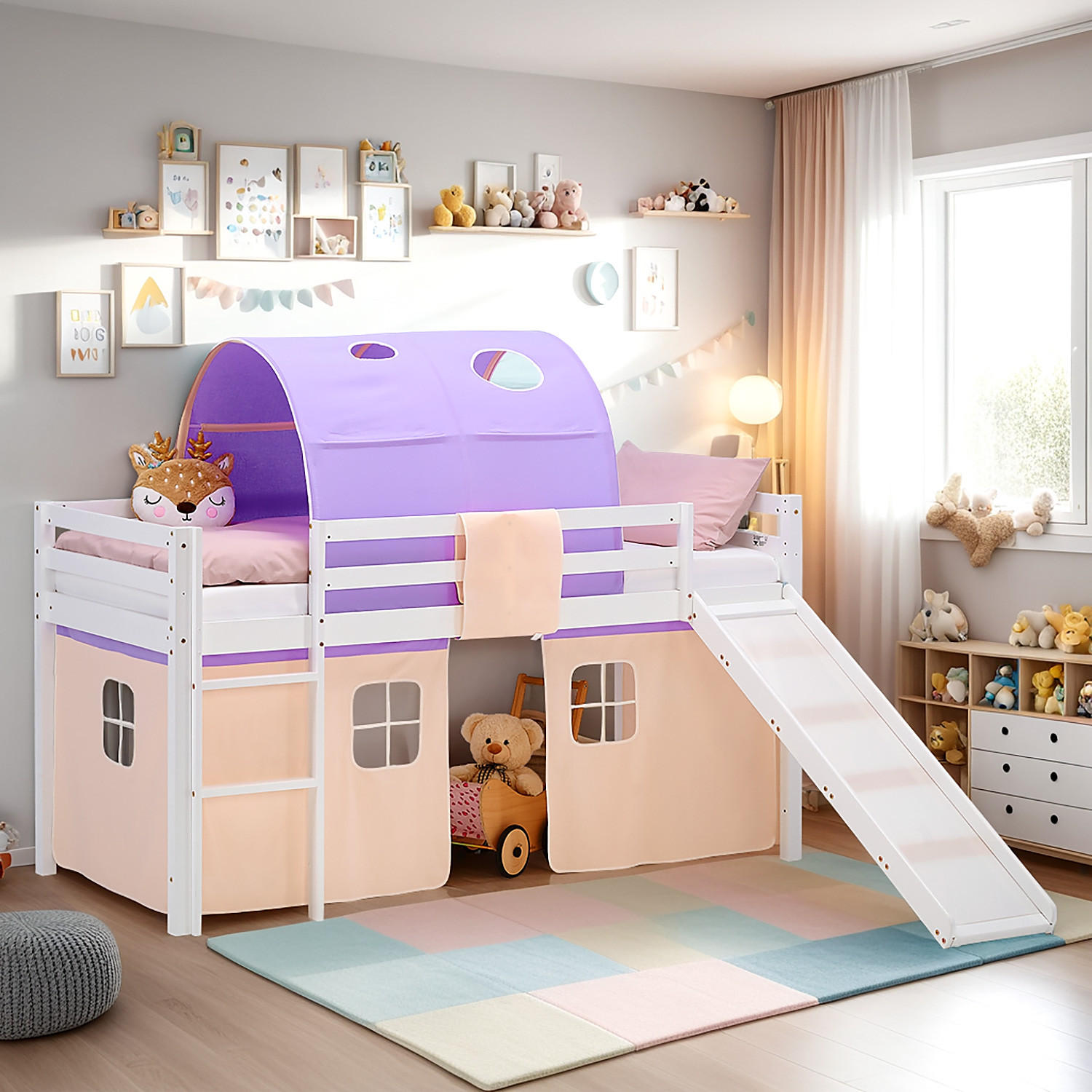 HOCHBETT 90/200 cm in Weiß und Lila mit Rutsche + Lattenrost - Lila/Weiß, Holz/Textil (90/200cm) - Homestyle4u