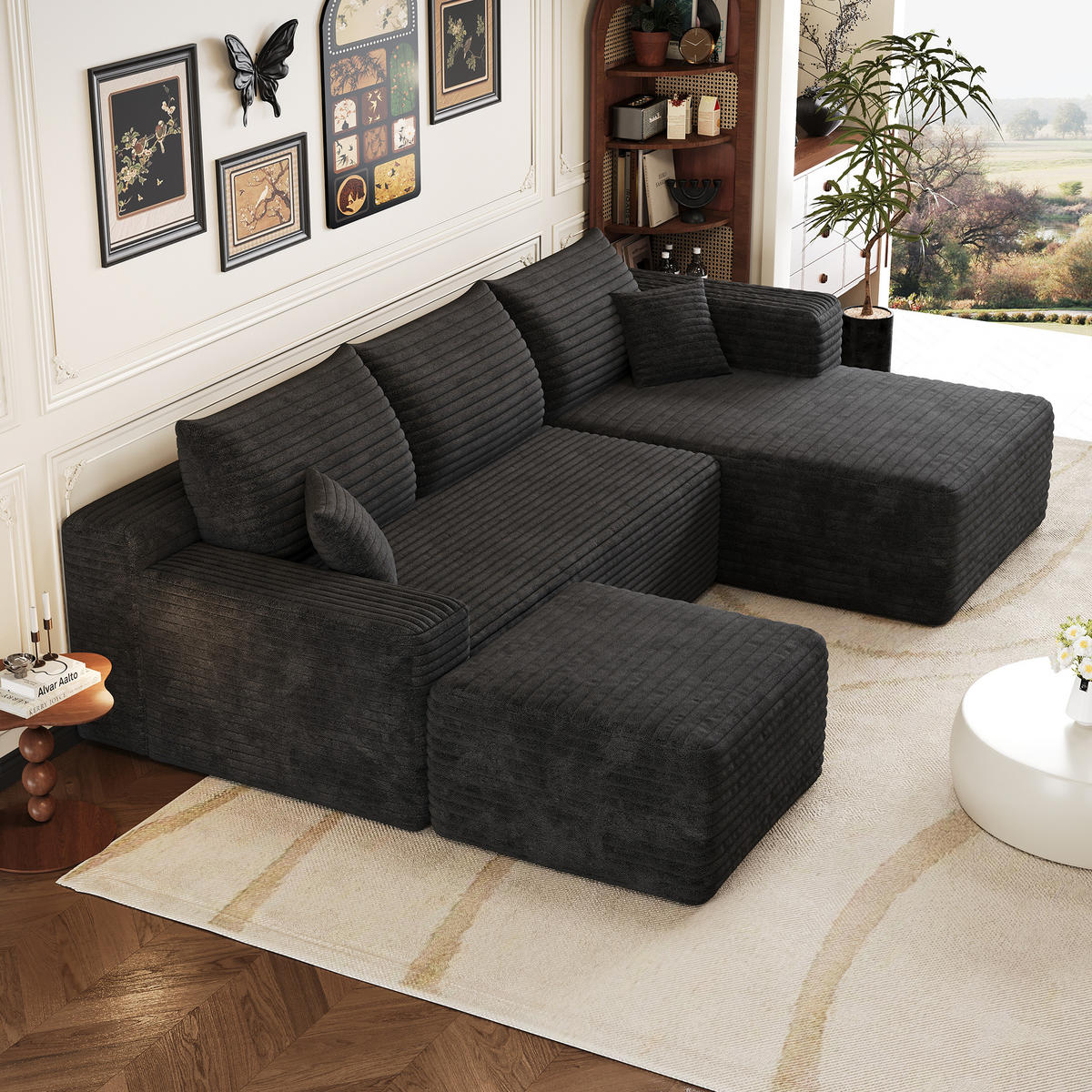 WOHNLANDSCHAFT Cord Schwarz ohne Montage - Schwarz, Textil (241/58/151cm) - WISHDOR