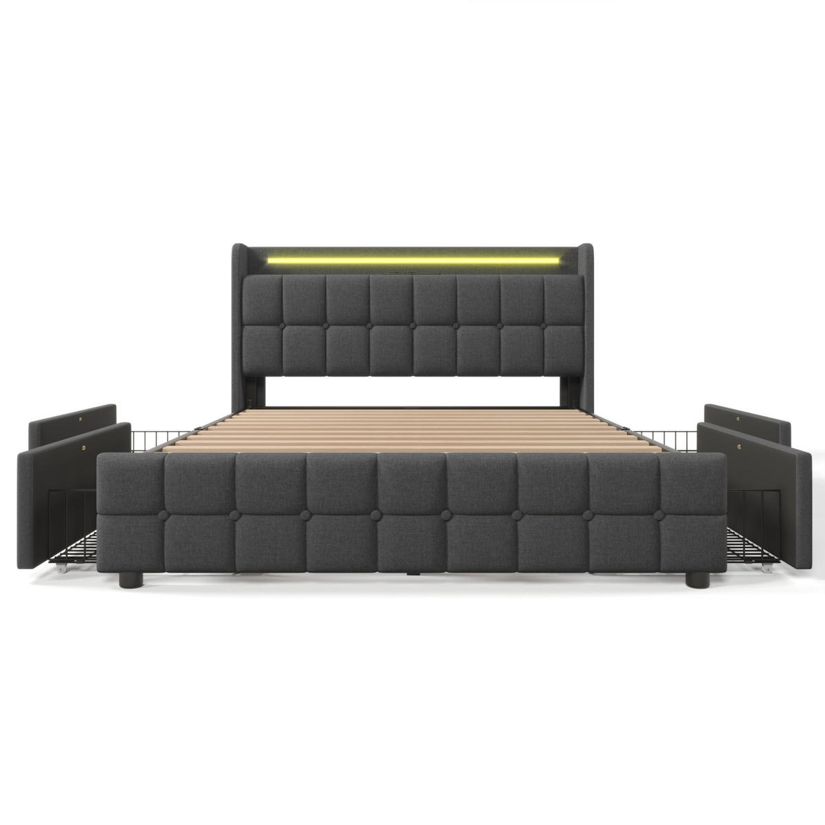 DOPPELBETT 160/200 cm, mit 4 Schubladen, LED-Beleuchtung, USB-Anschlüssen, Lattenrost, Leinen, Grau - Grau, Textil (160/200cm) - Waldena