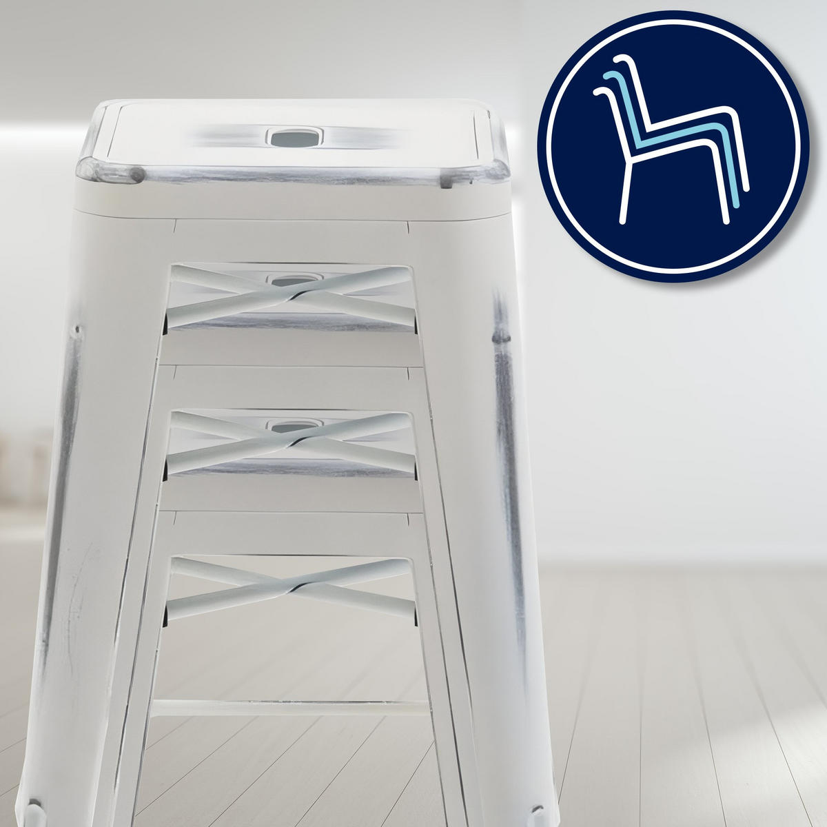 BARHOCKER Metall antik weiß - Eukalyptusholzfarben/Weiß, Metall (43/76/43cm) - CLP