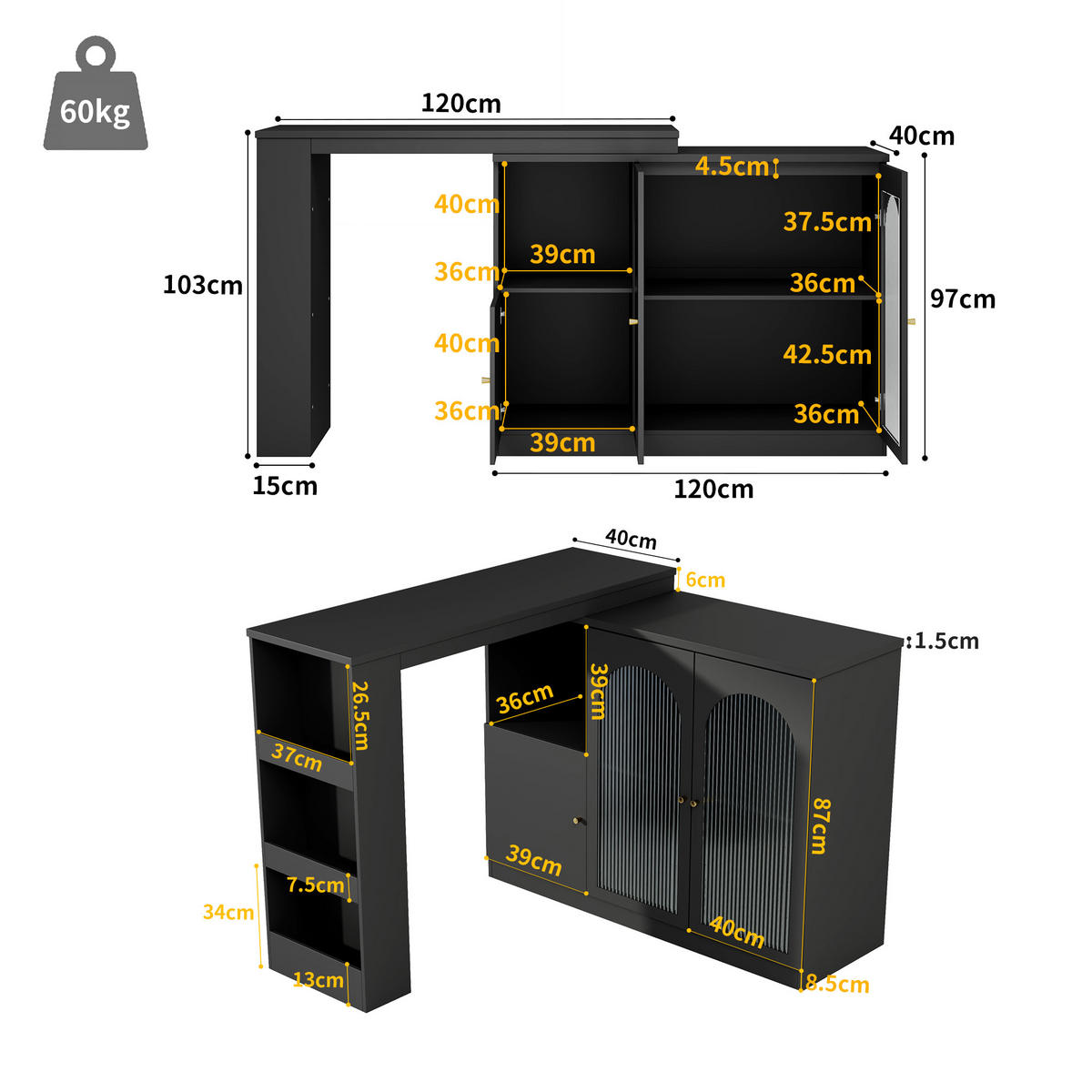 BARTISCH 120/40/97 cm Schwarz drehbar 360° mit Stauraum aus MDF - Schwarz, Holzwerkstoff (120/40/103cm) - OKWISH
