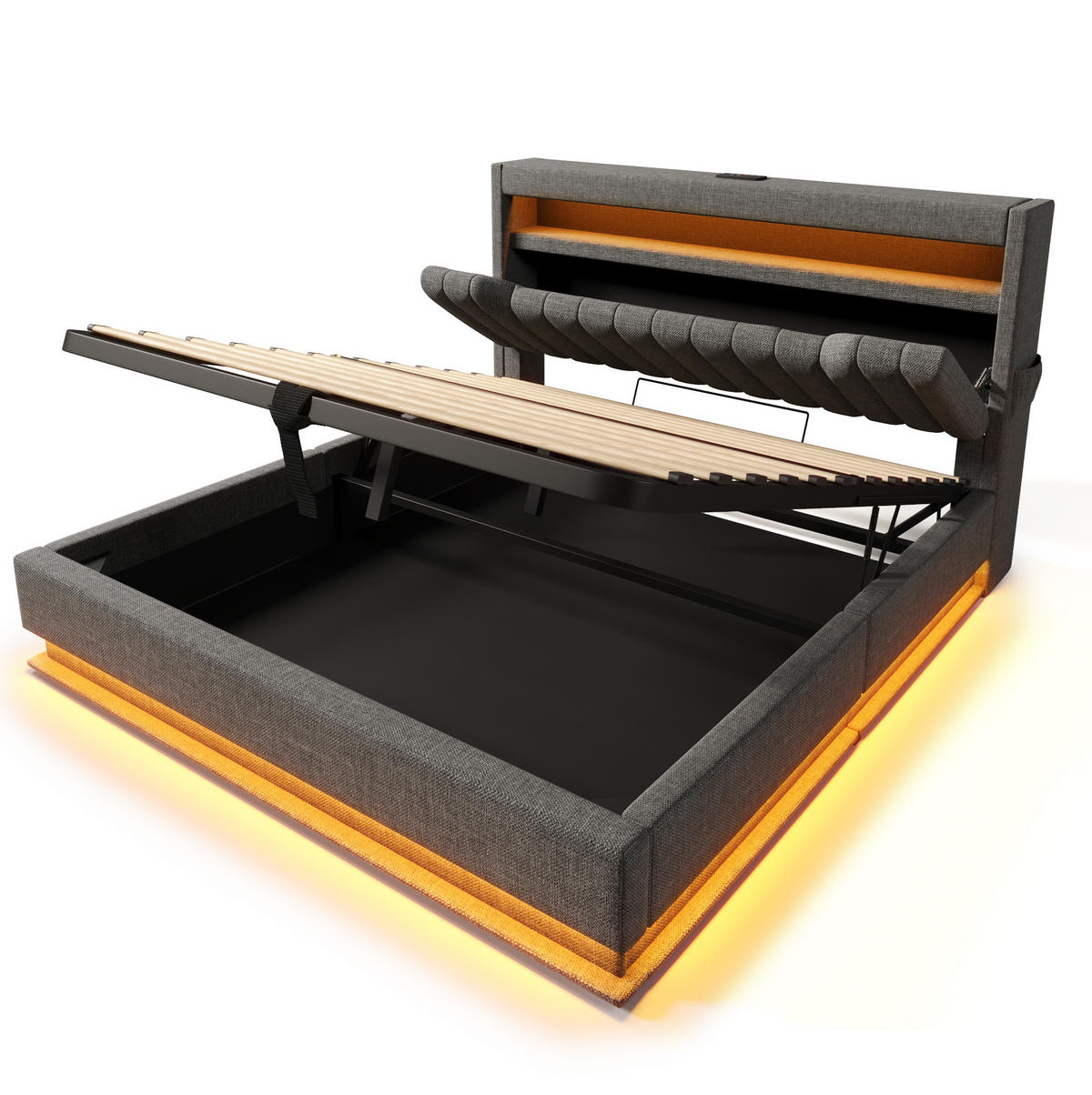 POLSTERBETT aus Leinen 140x200 cm Grau mit Matratze, LED-Beleuchtung, USB-C und hydraulischem Stauraum - Grau, Textil (140/200cm) - IVMEU