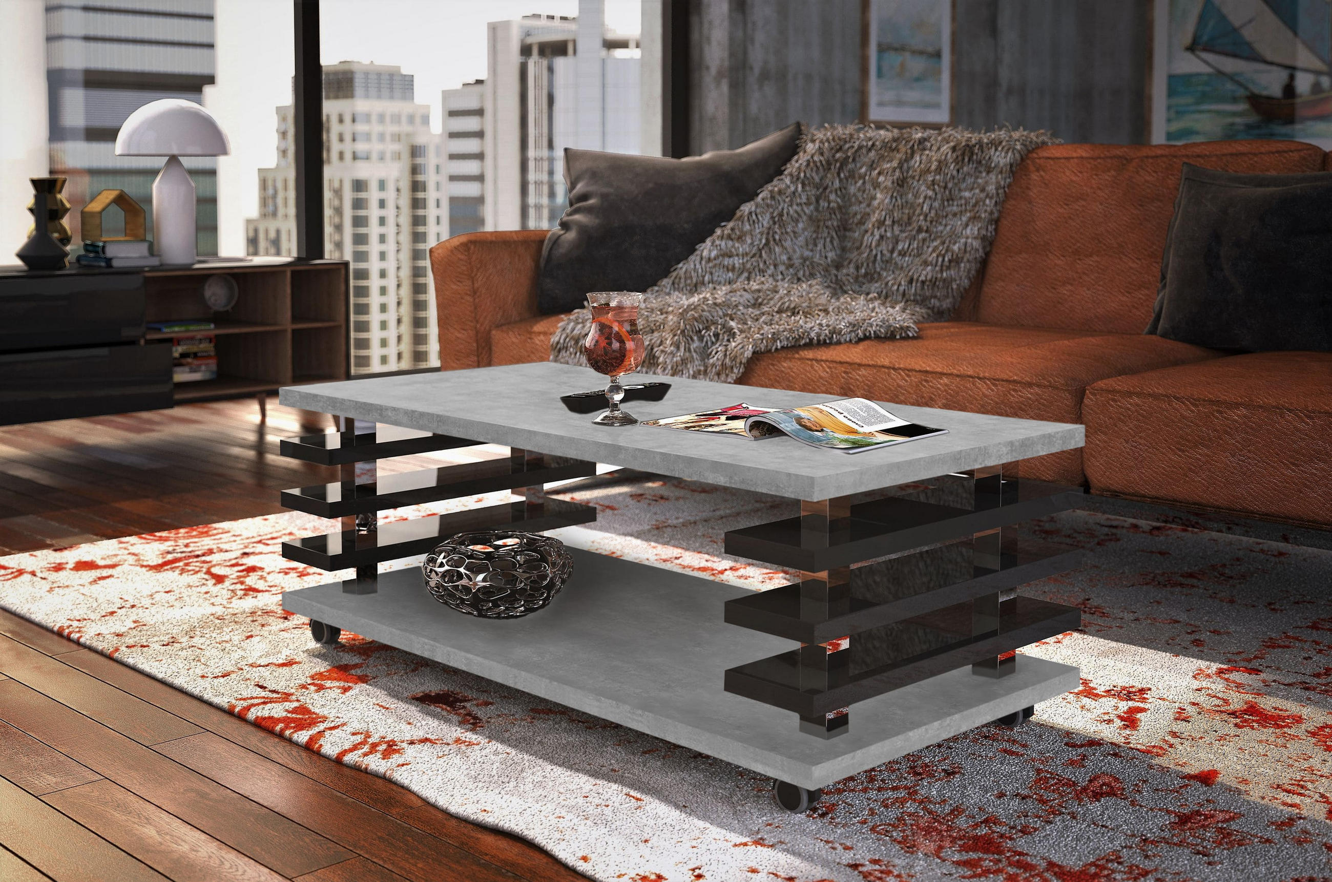 COUCHTISCH rechteckig Beton - Schwarz Hochglanz Ablage Rollen - Schwarz Hochglanz/Hellgrau, Holzwerkstoff (60/120/45cm) - designimpex