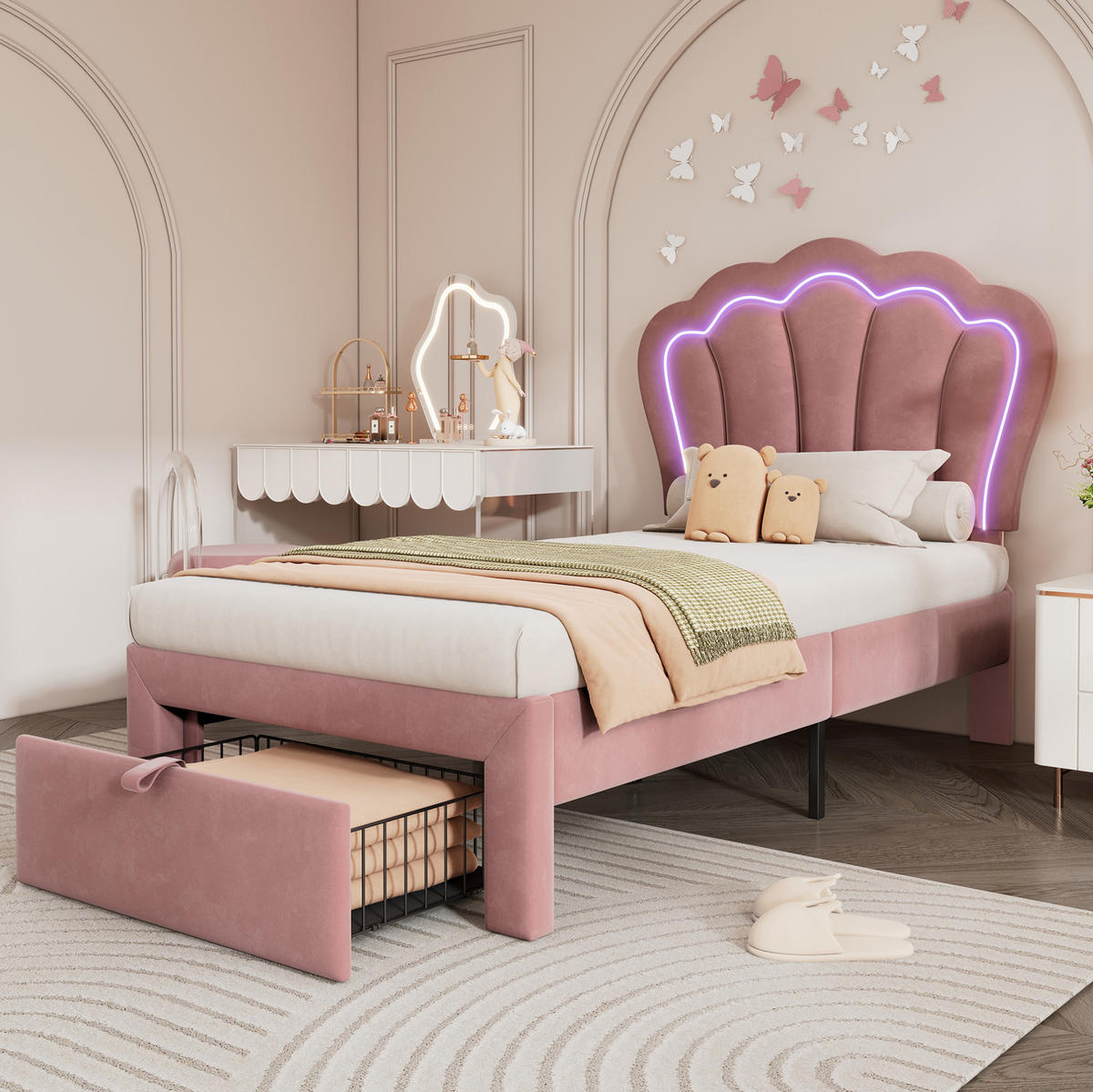 KINDERBETT 90/190 cm aus Samt mit LED-Beleuchtung und Schublade in Rosa - Rosa, Textil (90/190cm) - Flora Grace