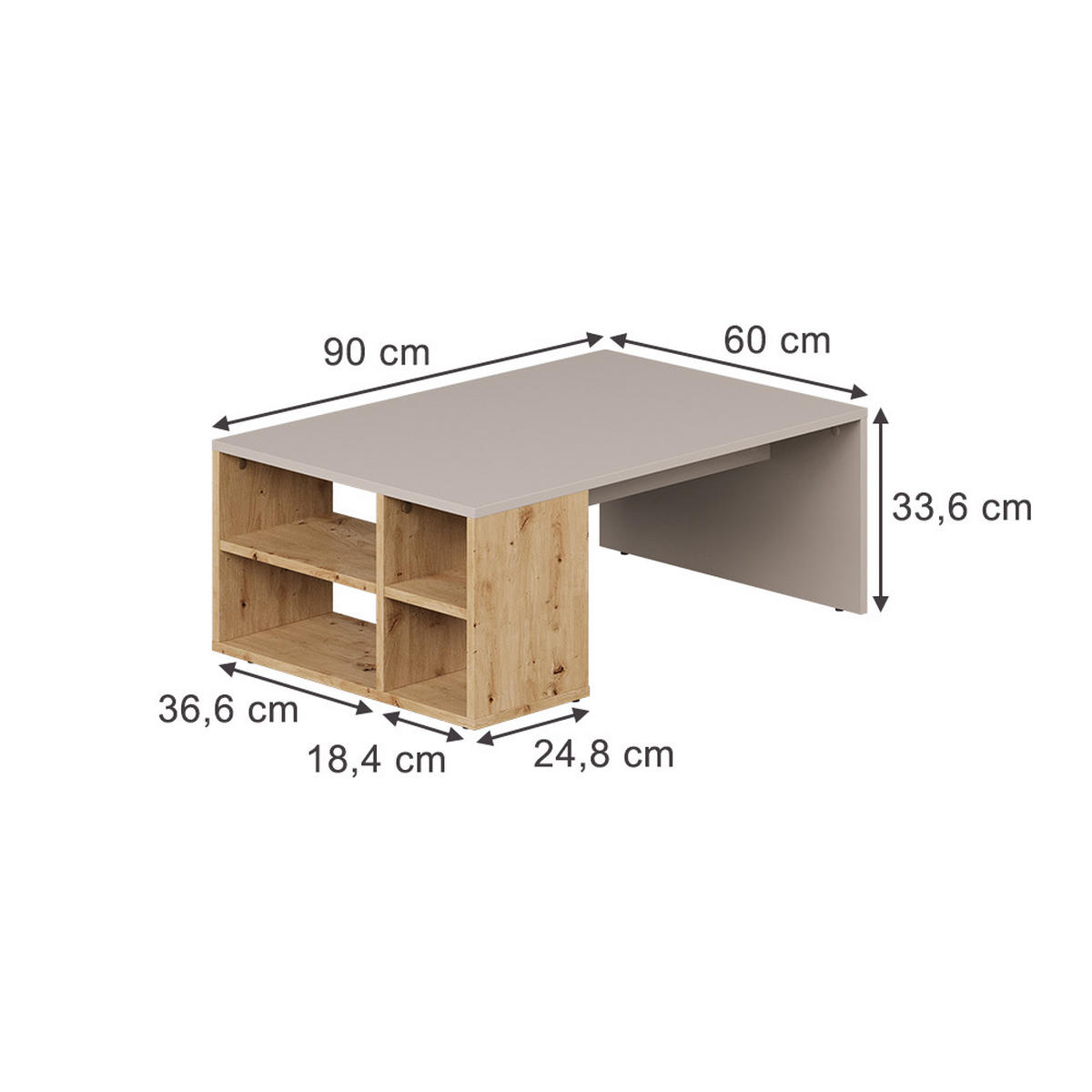 COUCHTISCH Danny Cashmere 90 x 60 cm mit Regalen - Kaschmir/Eiche Artisan, Holzwerkstoff (60/90/33.6cm) - Vicco