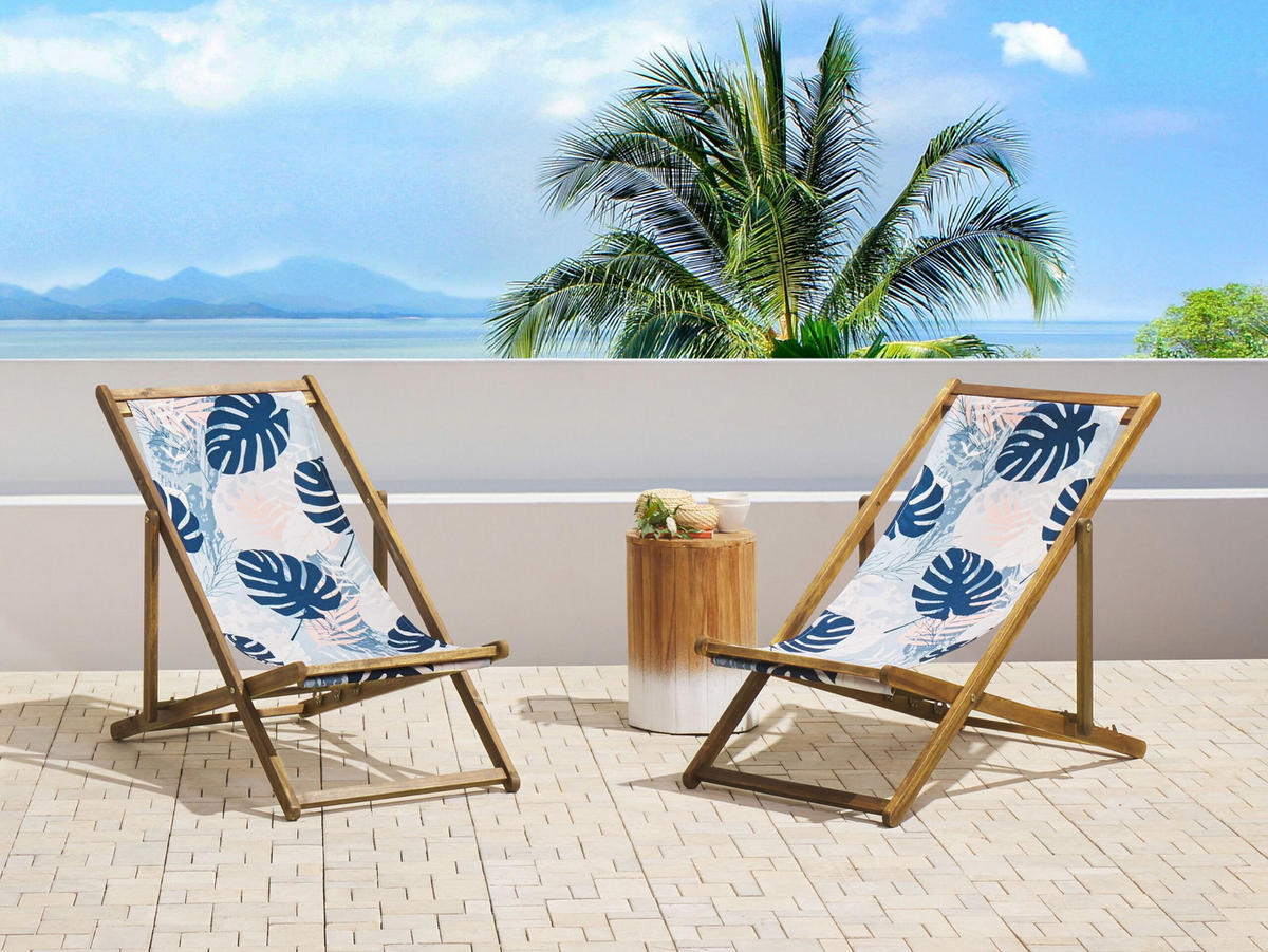 GARTENLIEGE 2er-Set hellbraun Textil weiß/blau Blättermotiv Anzio - Hellbraun/Weiß, Textil (54/70/97cm) - Beliani
