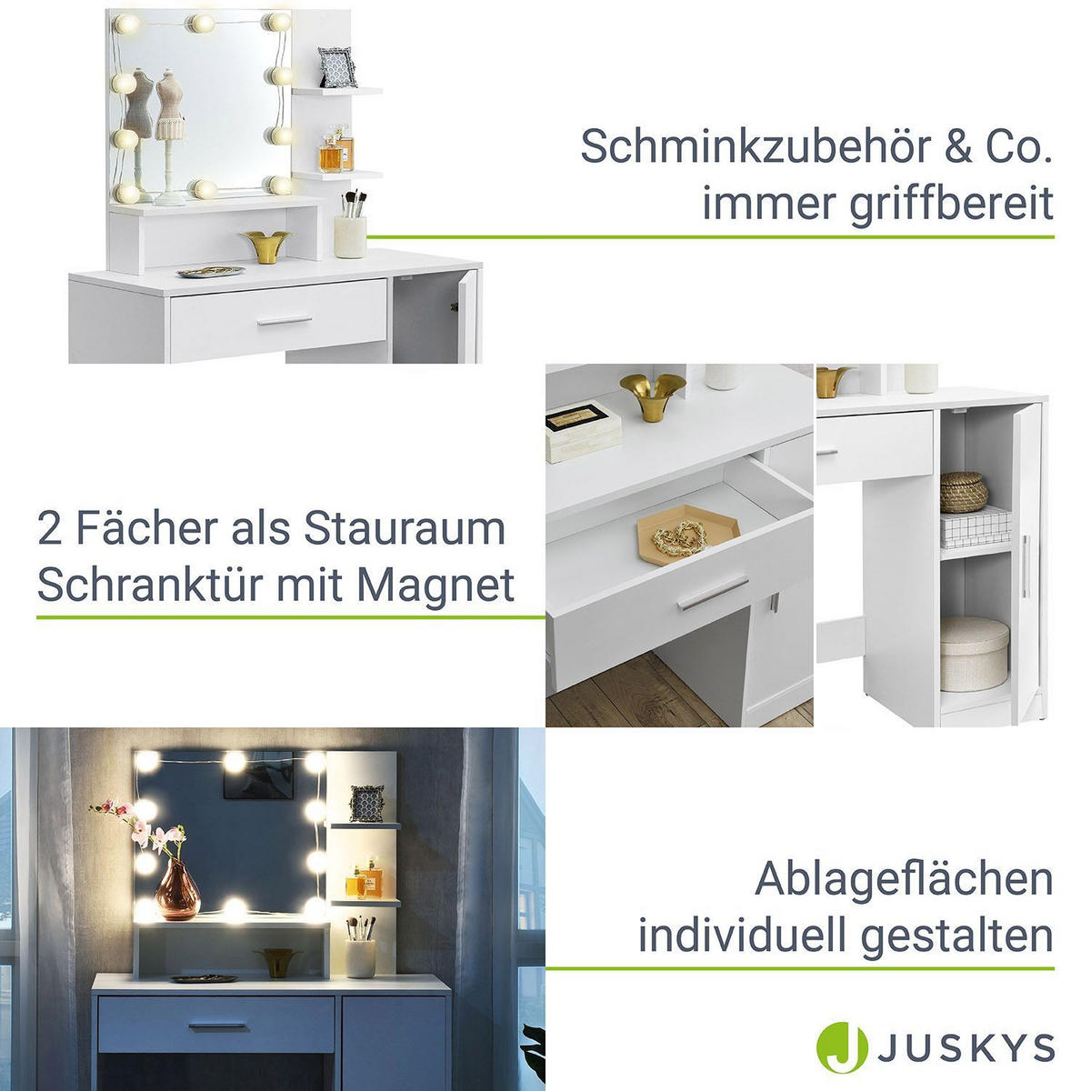 SCHMINKTISCH Zoey mit Schrank und Hocker Melly - Weiß, Holz (38/137/90cm) - Juskys