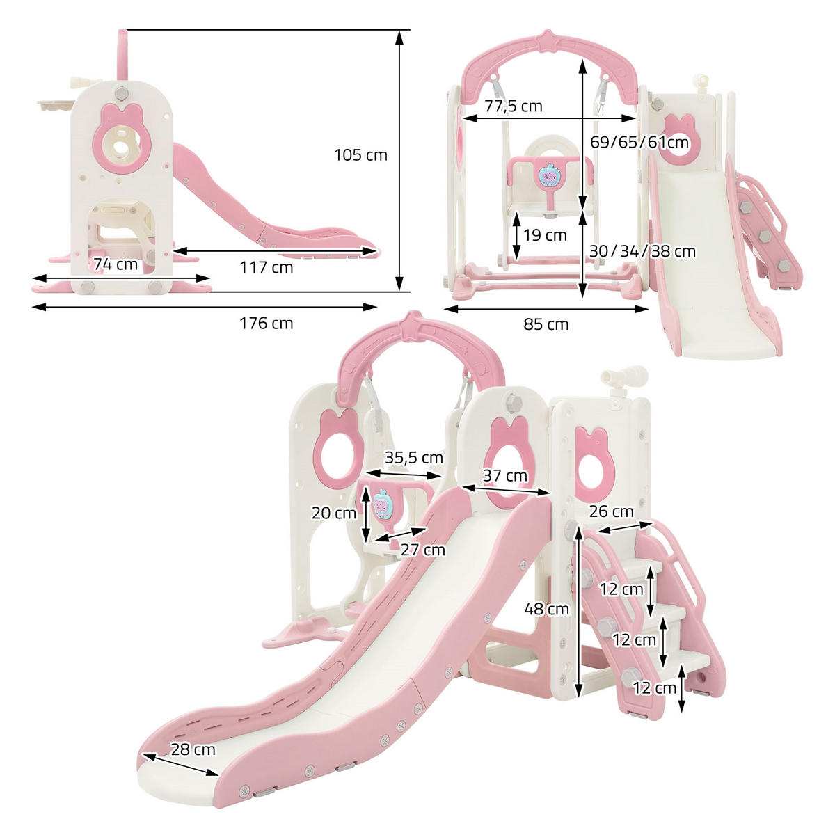 DĚTSKÁ skluzavka s houpačkou a basketbalovým košem, růžová, z plastu - růžová, plast (122/105/176cm) - Joyz