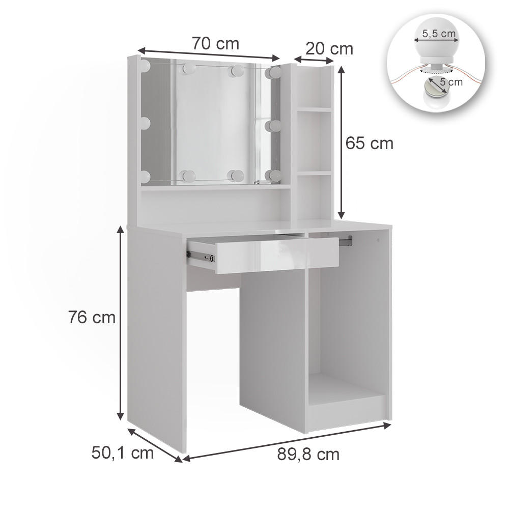 SCHMINKTISCH Sherry Weiß/Weiß Hochglanz 89.8 cm 4 Teile - Weiß Hochglanz, Holzwerkstoff (50.1cm) - Vicco
