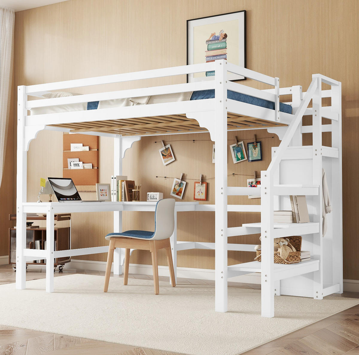 HOCHBETT 140/200 cm mit L-förmigem Schreibtisch, offenem Kleiderschrank und Stauraumtreppe, Kiefer/MDF, Weiß - Weiß, Holzwerkstoff (140/200cm) - Redom