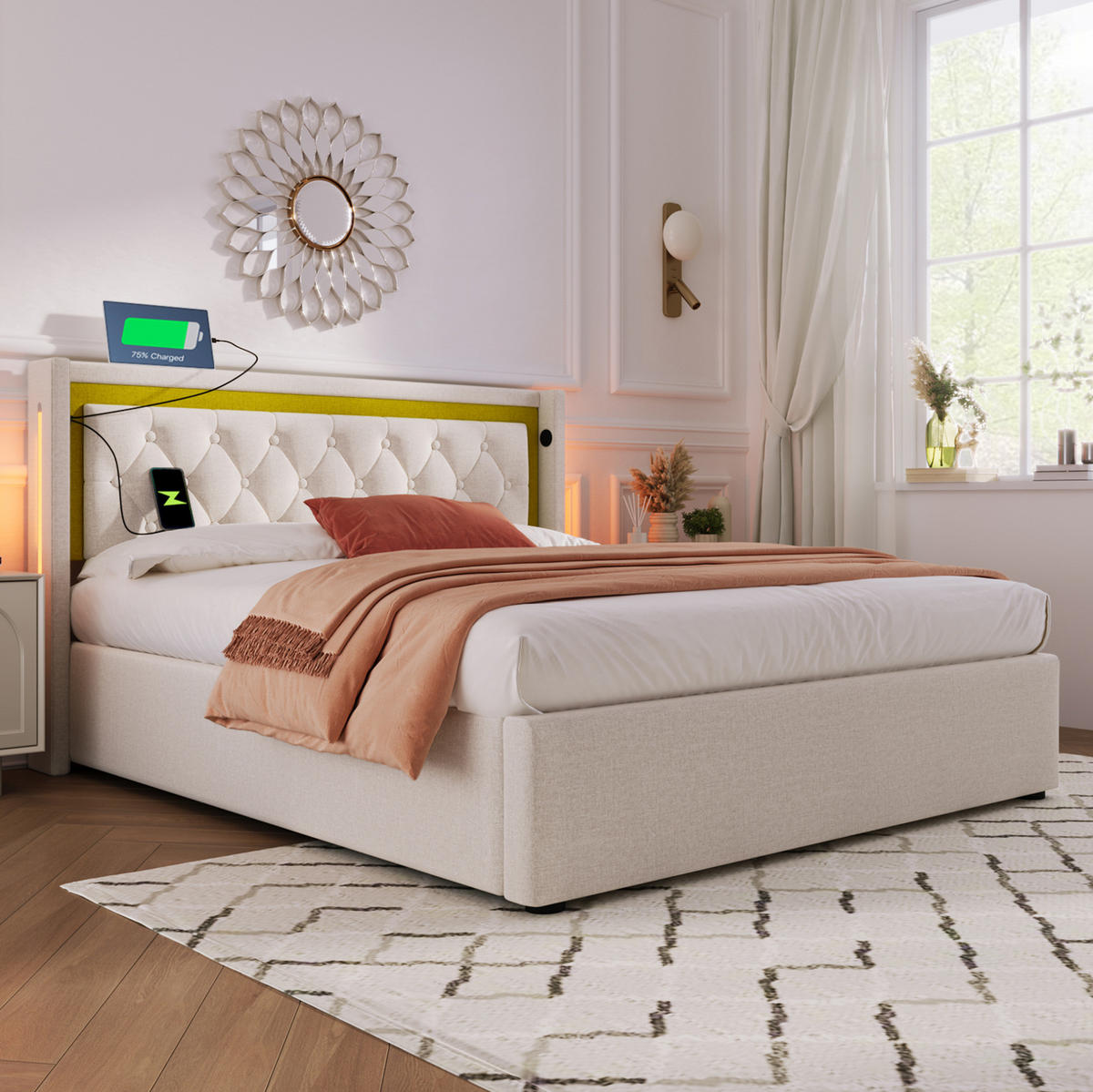 POLSTERBETT mit LED, Stauraum und USB-C 140x200 cm Beige inklusive Matratze - Beige, Metall (140/200cm) - Meubliv