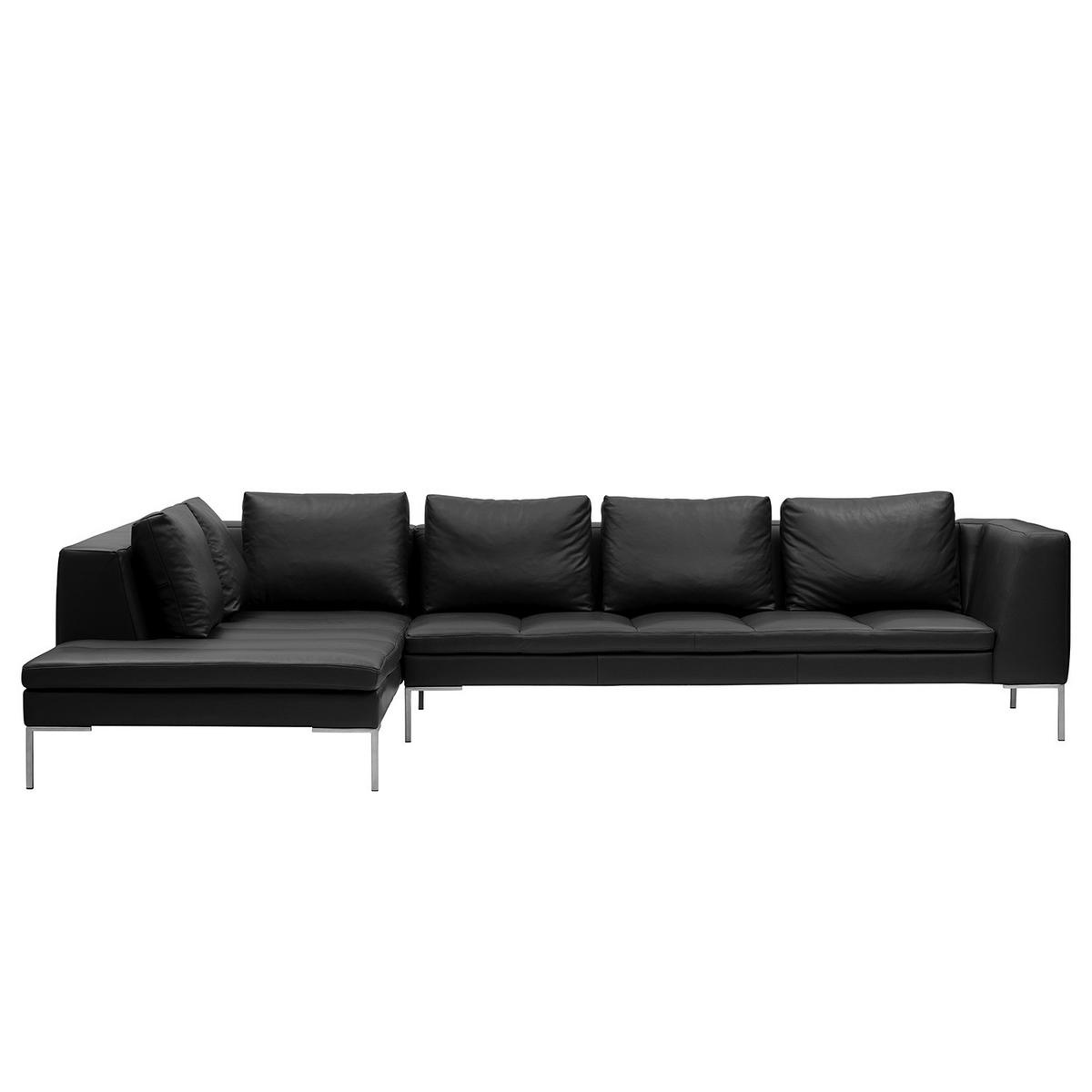 ECKSOFA mit Ottomane - Chromfarben/Schwarz, Leder/Metall (319/230cm) - home24