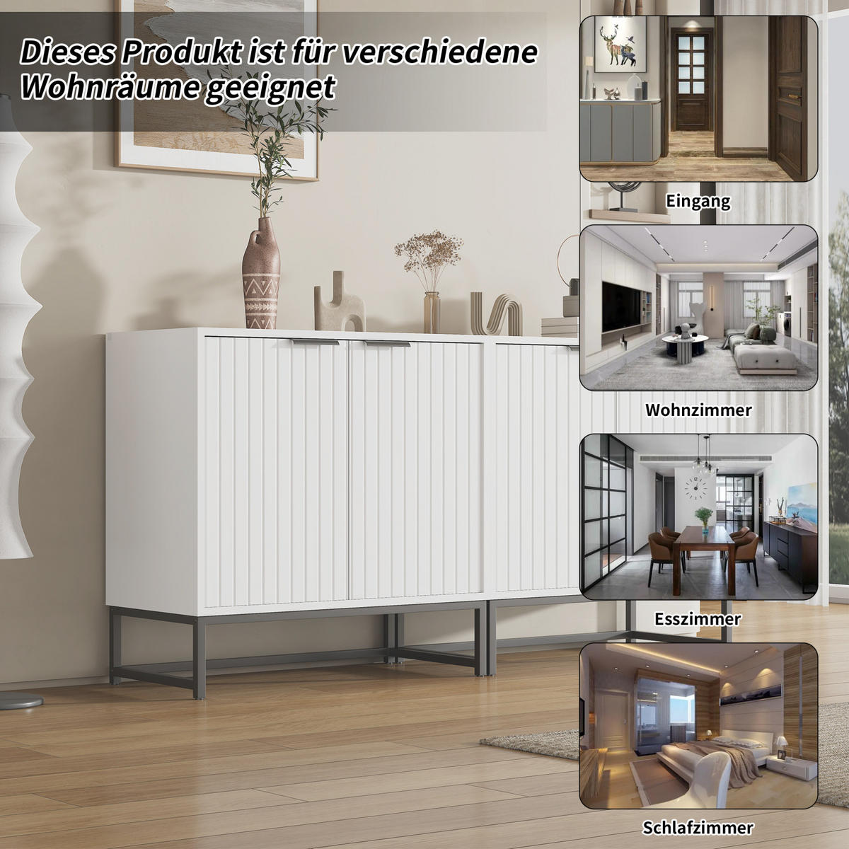 SIDEBOARD aus Spanplatte 160x40x80 cm Weiß mit Wellentüren, Metallgriffen und viel Stauraum - Weiß, Holzwerkstoff (160/80/40cm) - Modfu