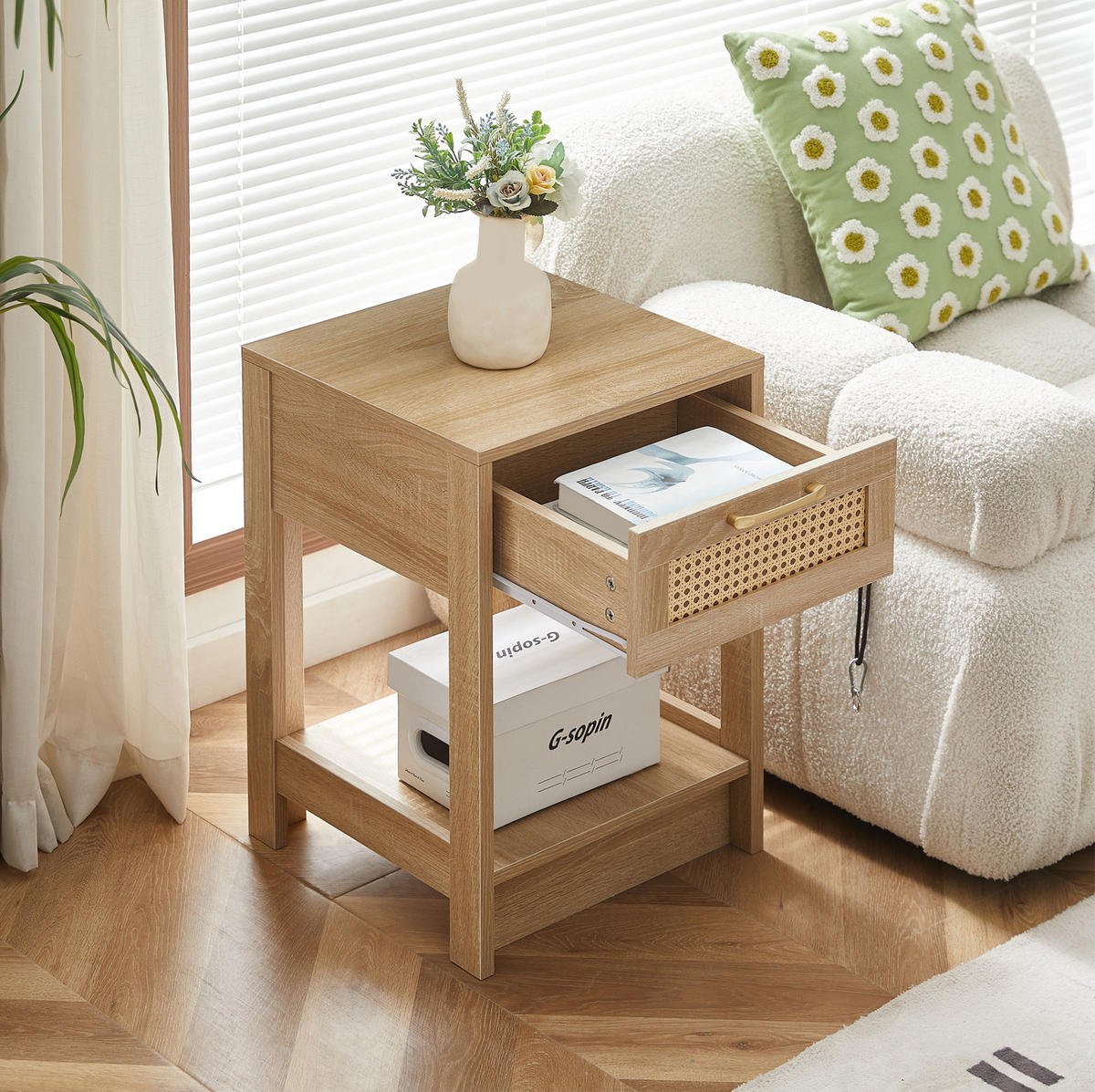 NACHTTISCH 40/40/55 cm Natur aus MDF mit Rattanfront - Hellbraun, Holzwerkstoff (40/55/40cm) - OKWISH
