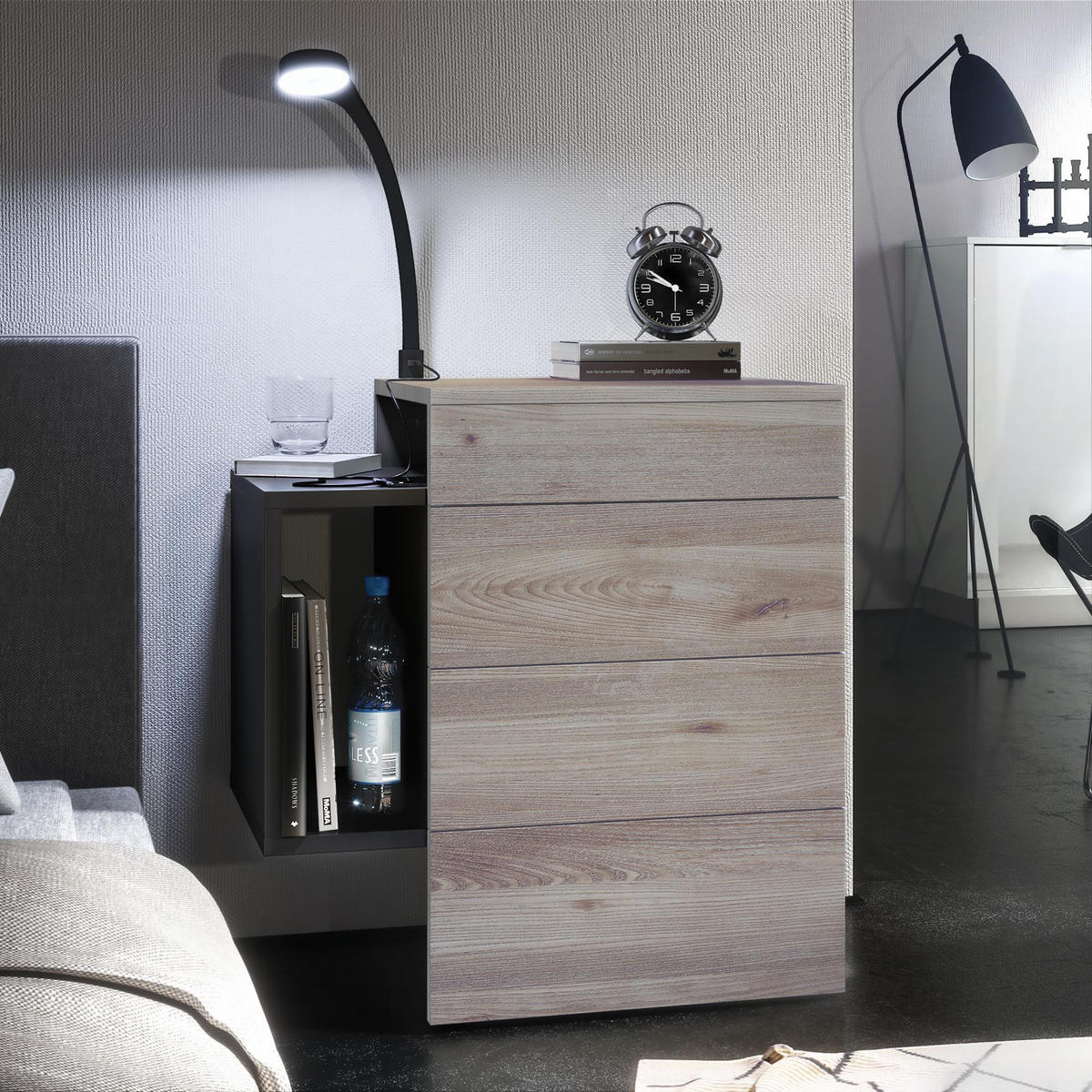 NACHTTISCH Queens Front in Eiche Nordic - Silbereichenfarben, Holzwerkstoff (60/63/36cm) - Vladon
