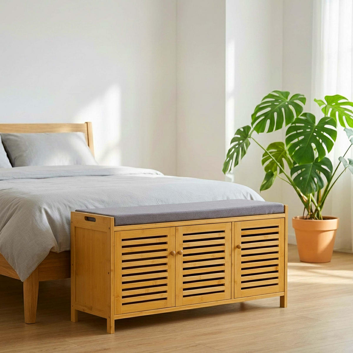 LAVICE Přírodní šedá bambus na boty polstrované sedadlo 50 cm - světle hnědá, dřevo/textil (90/50/35cm) - Relaxdays