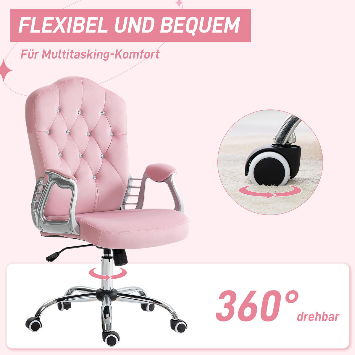 BÜROSTUHL, neigbare Lehne, höhenverstellbar, Samtoptik, bis 120 kg, Rosa - Rosa, Textil (61/114/61cm)