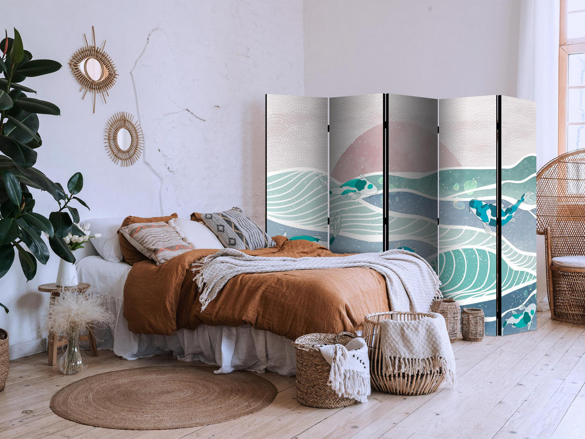 PARAVENT Akustik 5-tlg 225x172 cm Fische Wellen Boho - Blau, Holz/Textil (225/172/3cm) - Muralo
