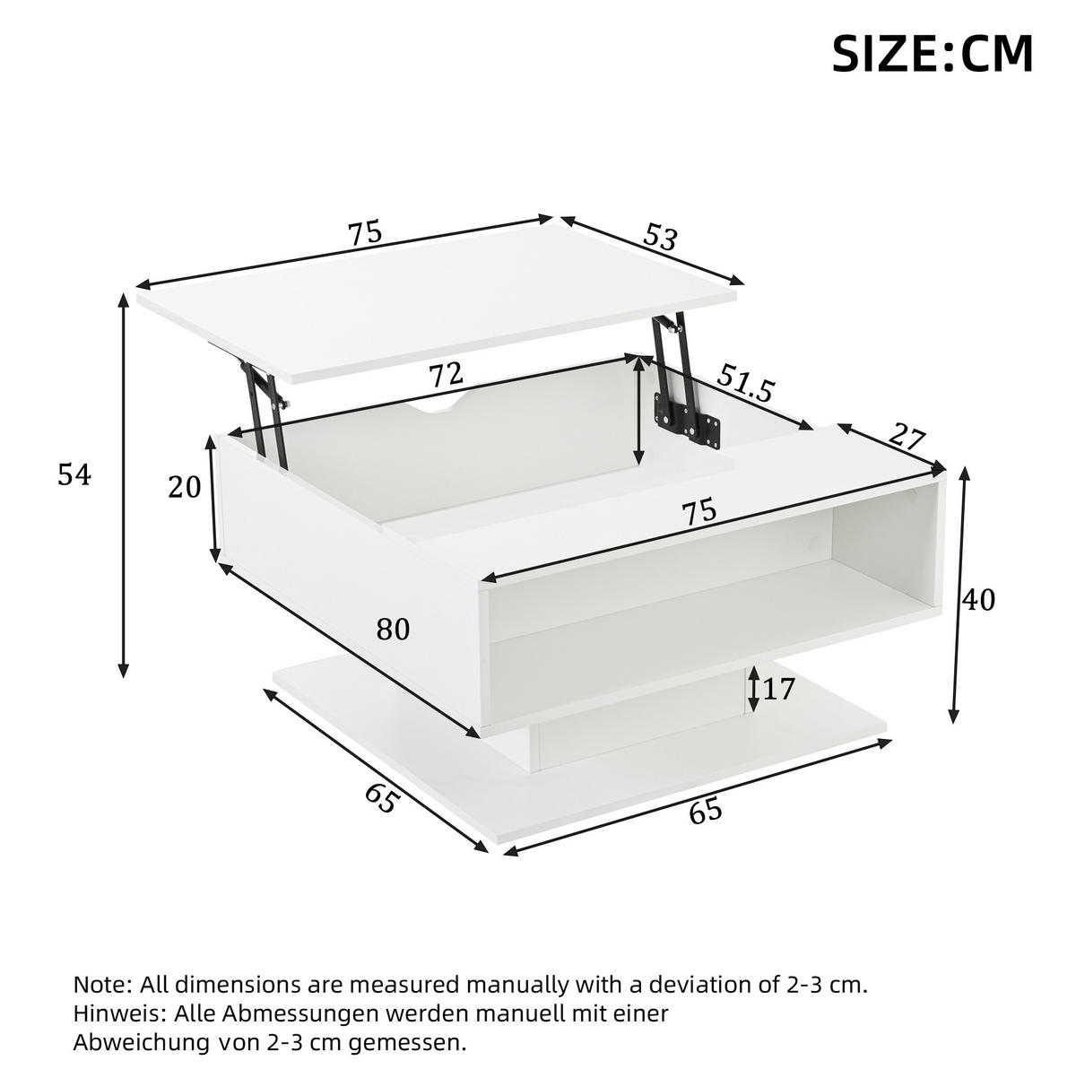 COUCHTISCH aus Spanplatte 75x53x54 cm in Weiß mit LED & anhebbarer Tischplatte - Weiß, Holzwerkstoff (75/80/40cm) - Modfu