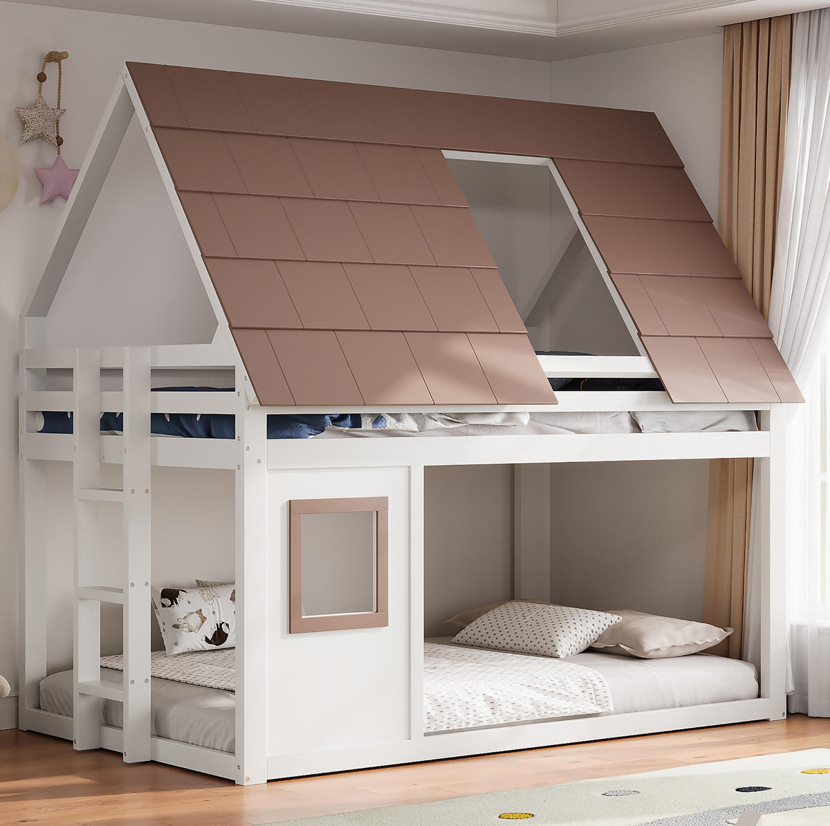 ETAGENBETT 140/200 cm, Braun/Weiß mit Dach und Leiter - Weiß, Holz (140/200cm) - MIVRAY