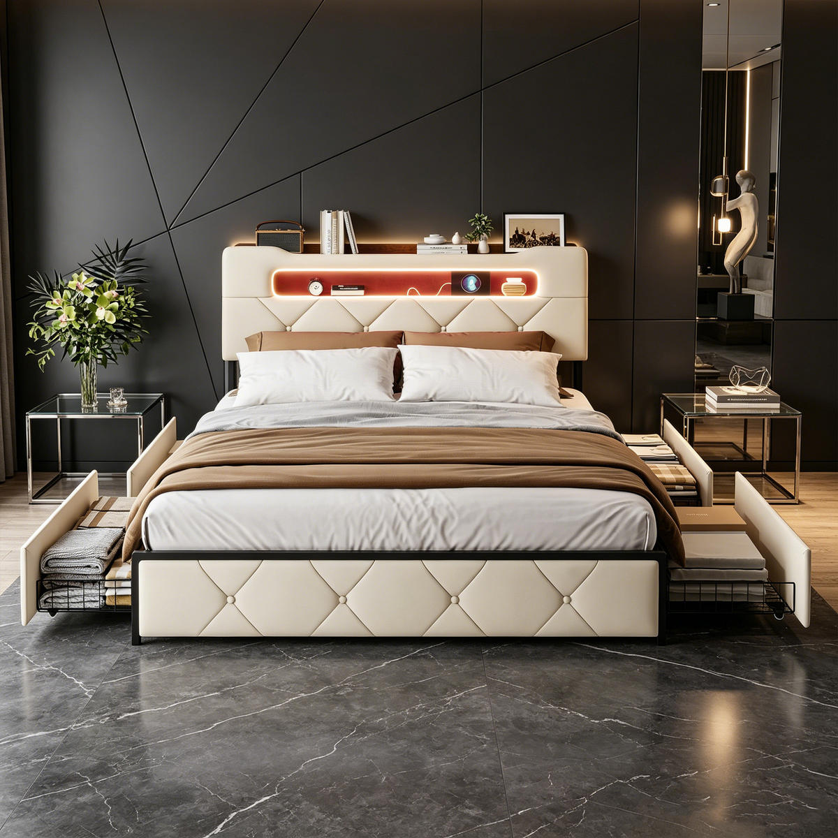 POLSTERBETT 140x200, jugendbett mit 4 Schubladen, LED, USB, Kopfteil, Lattenrost, samt, beige - Beige, Holzwerkstoff/Textil (140/200cm) - GENKI LIVING