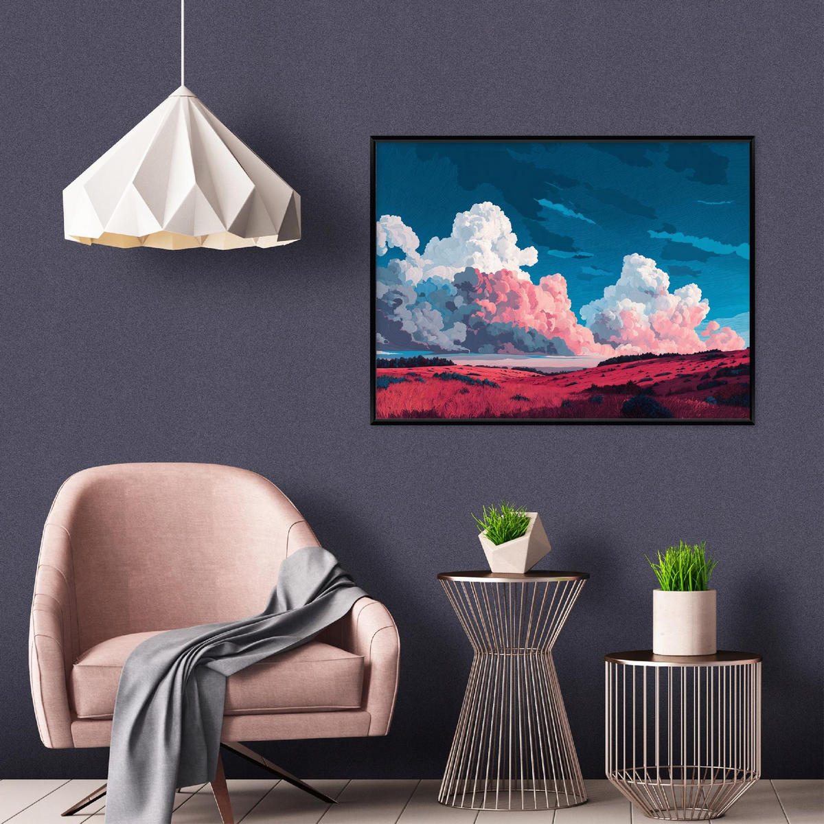 BILDER mit Rahmen Gebirge Aquarell Rosa 100x70 cm - Multicolor, Holzwerkstoff (100/70cm) - Wallarena