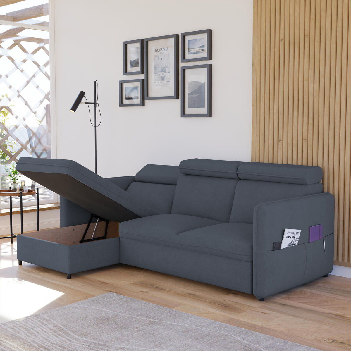 ECKSOFA mit Schlaffunktion und Bettkasten, Grau - Grau, Holzwerkstoff/Textil (220/140cm) - Idohome