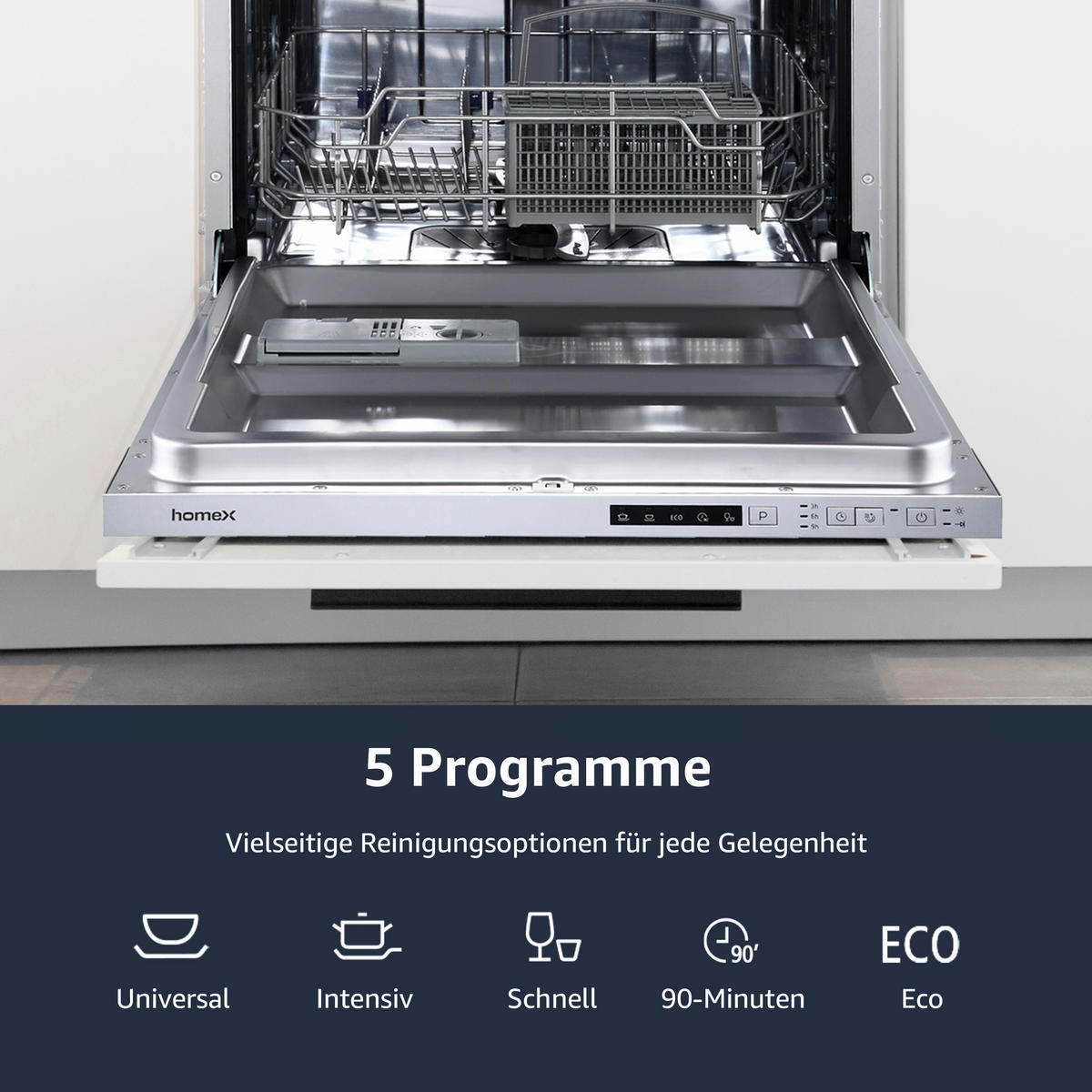 GESCHIRRSPÜLER vollintegriert 60 cm, Einbau Spülmaschine, 14 Maßgedecke, 5 Programme, AquaStop, höhenverstellbarer Oberkorb - Weiß, Kunststoff/Metall (60/82/55cm) - homeX