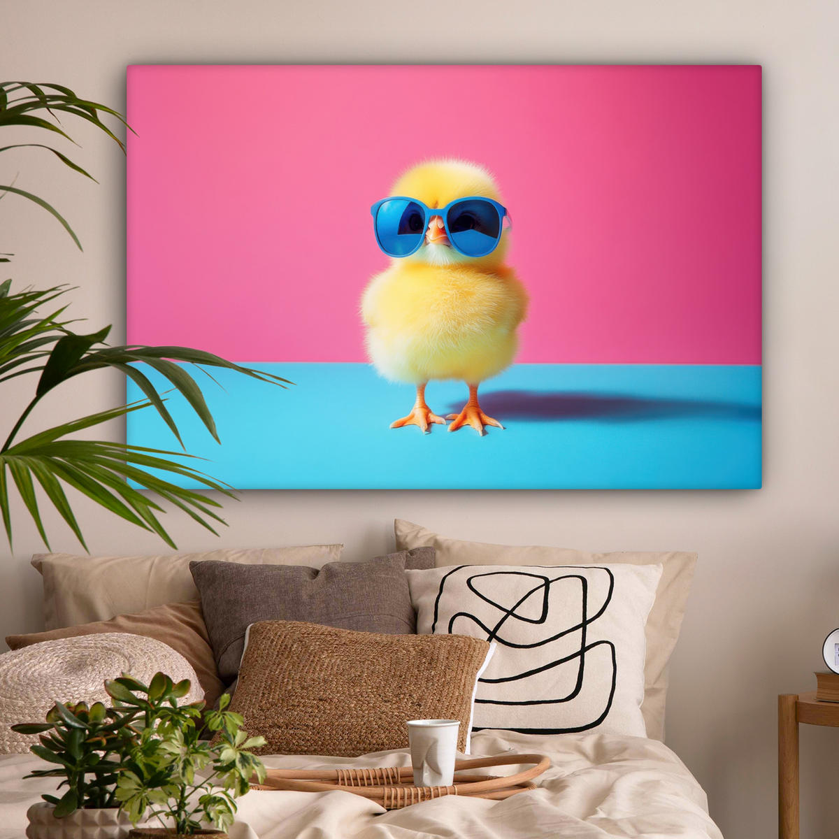LEINWANDBILD Chick - Sonnenbrille - Blau Groß 140x90 cm - Pink/Gelb, Textil (140/90cm) - MuchoWow